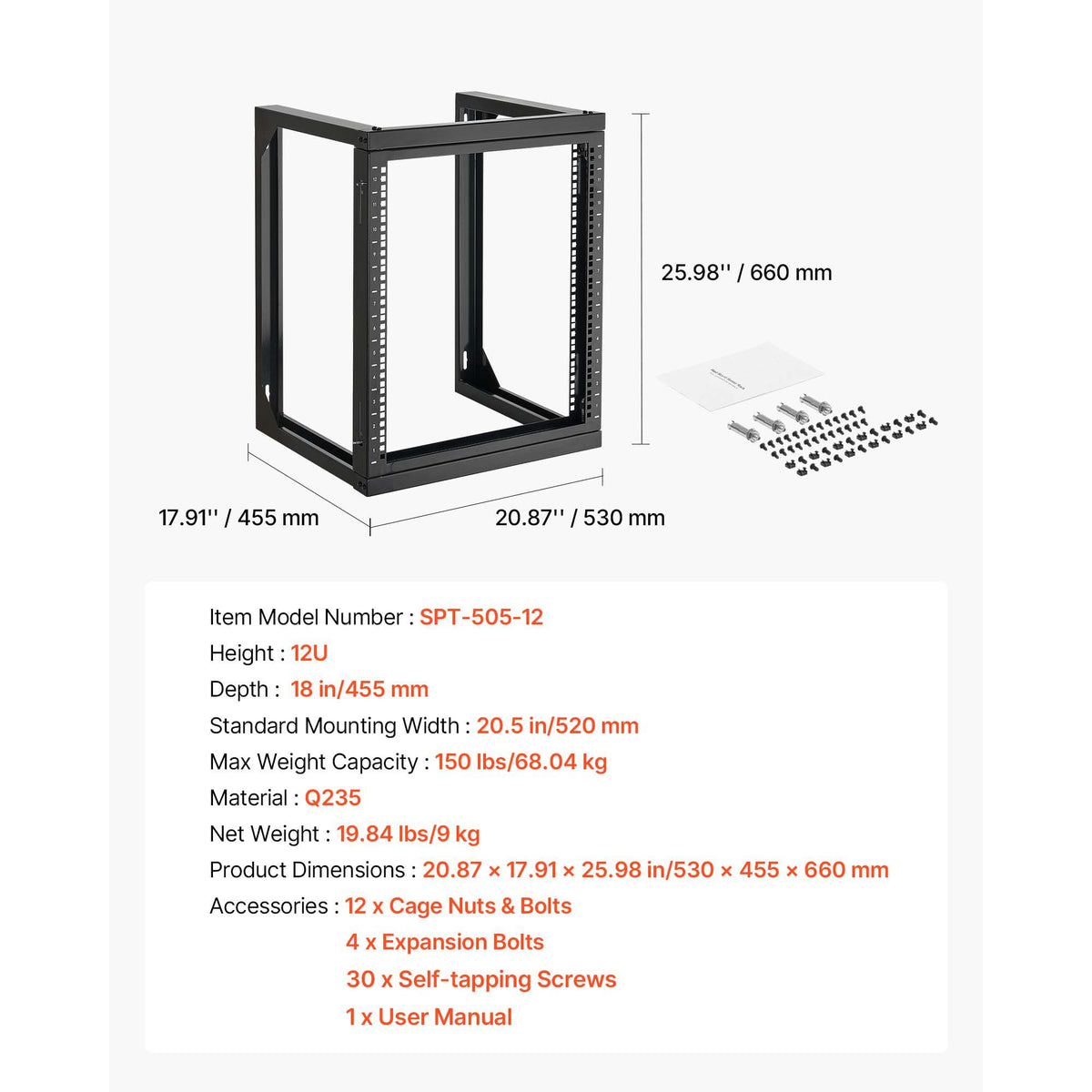 12U Wall Mount Server Rack, 68.04 kg Max Load Capacity, Open Frame Network Rack with 180 Degrees Gate Swing Door, Carbon Steel, Ideal for IT Network Equipment & AV Devices Computer Server, Black