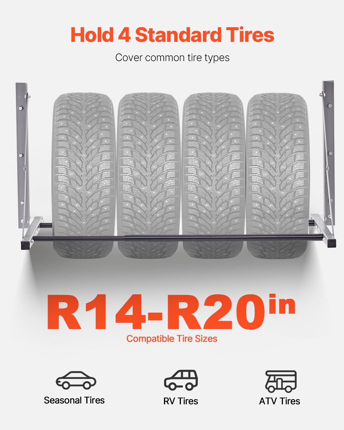 Wall Mounted Folding Tire Rack, 32" - 48" Adjustable Tire Rack, Q235 Heavy-Duty Steel Tire Storage Rack for R14-R20 inch Standard Tires, Max 300lbs Load Capacity for Garage Workshop Repair Shop