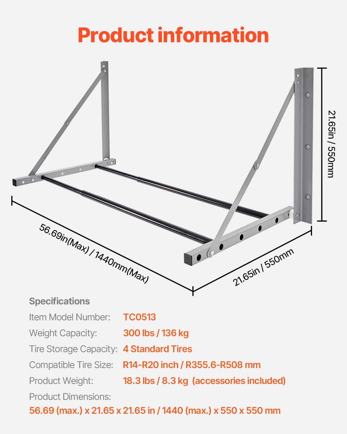 Wall Mounted Folding Tire Rack, 32" - 48" Adjustable Tire Rack, Q235 Heavy-Duty Steel Tire Storage Rack for R14-R20 inch Standard Tires, Max 300lbs Load Capacity for Garage Workshop Repair Shop