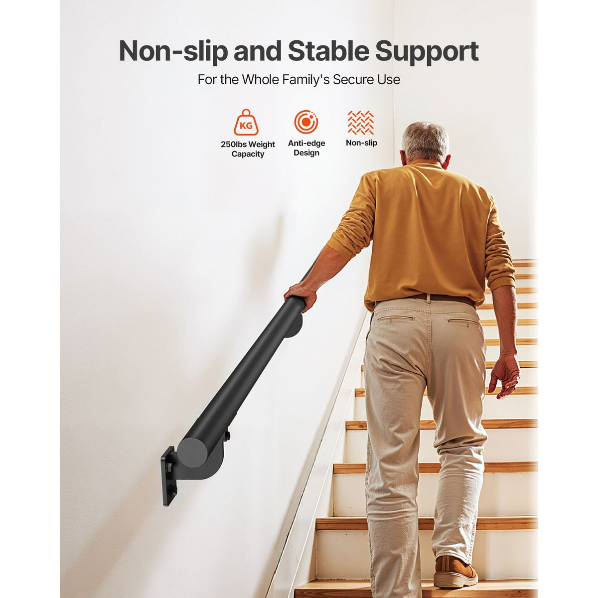 Wall Mounted Stair Handrail, 3665mm Pipe Staircase Handrail, Black Galvanized Aluminum, 32mm Pipe Diameter, Indoor&Outdoor Staircase Railing, Industrial Hand Rail for Steps, Security Baluster