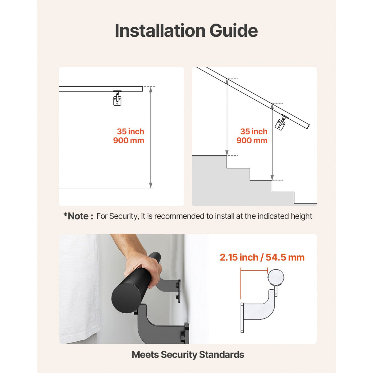 Wall Mounted Stair Handrail, 3665mm Pipe Staircase Handrail, Black Galvanized Aluminum, 32mm Pipe Diameter, Indoor&Outdoor Staircase Railing, Industrial Hand Rail for Steps, Security Baluster