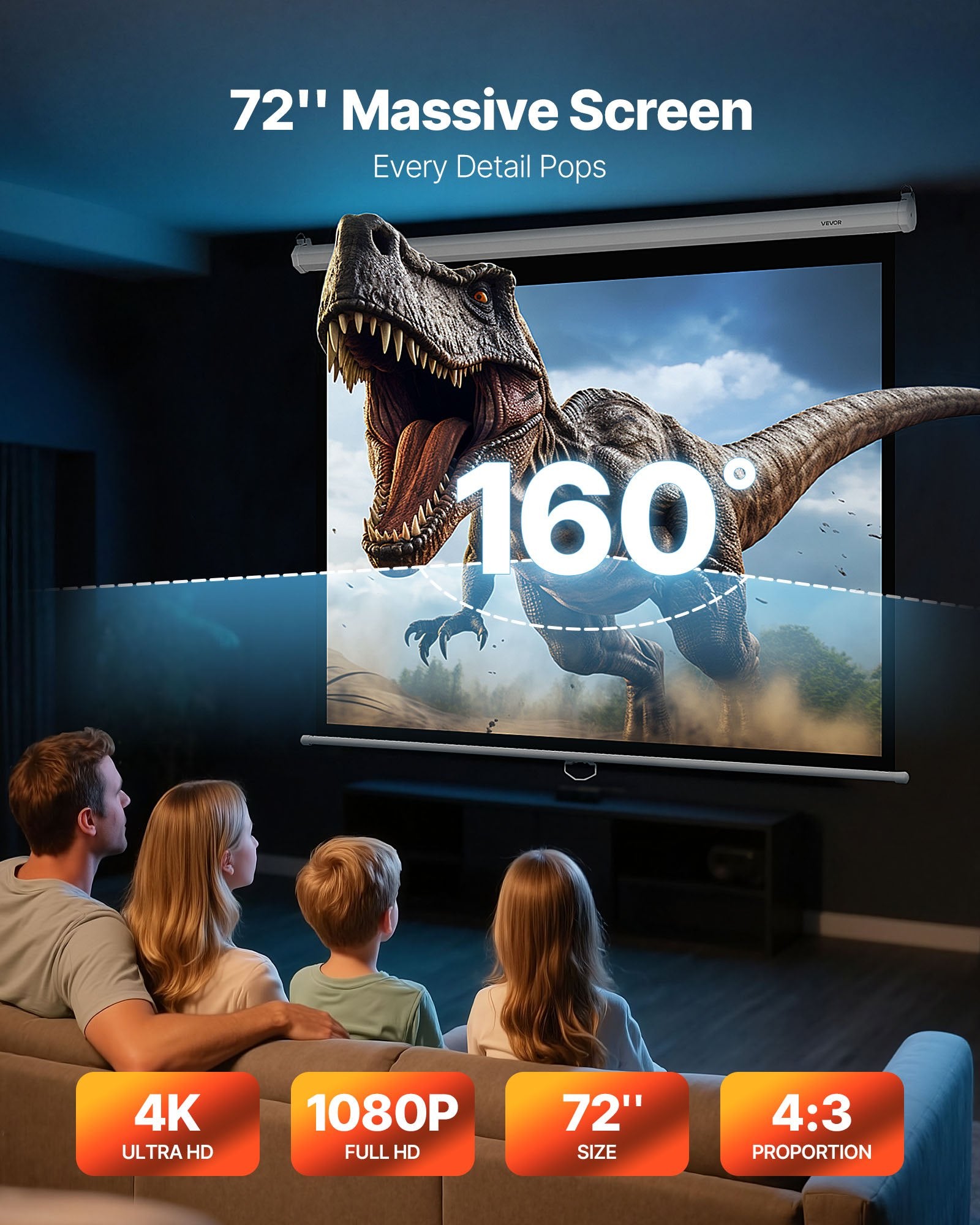 Manual Projector Screen, 1829 mm 4:3 4K 1080 HD Retractable Pull Down Projector Screen, Wall Mounted Movie Projection with Pull Rope, Portable Display Projectoin for Family Home Office Theater