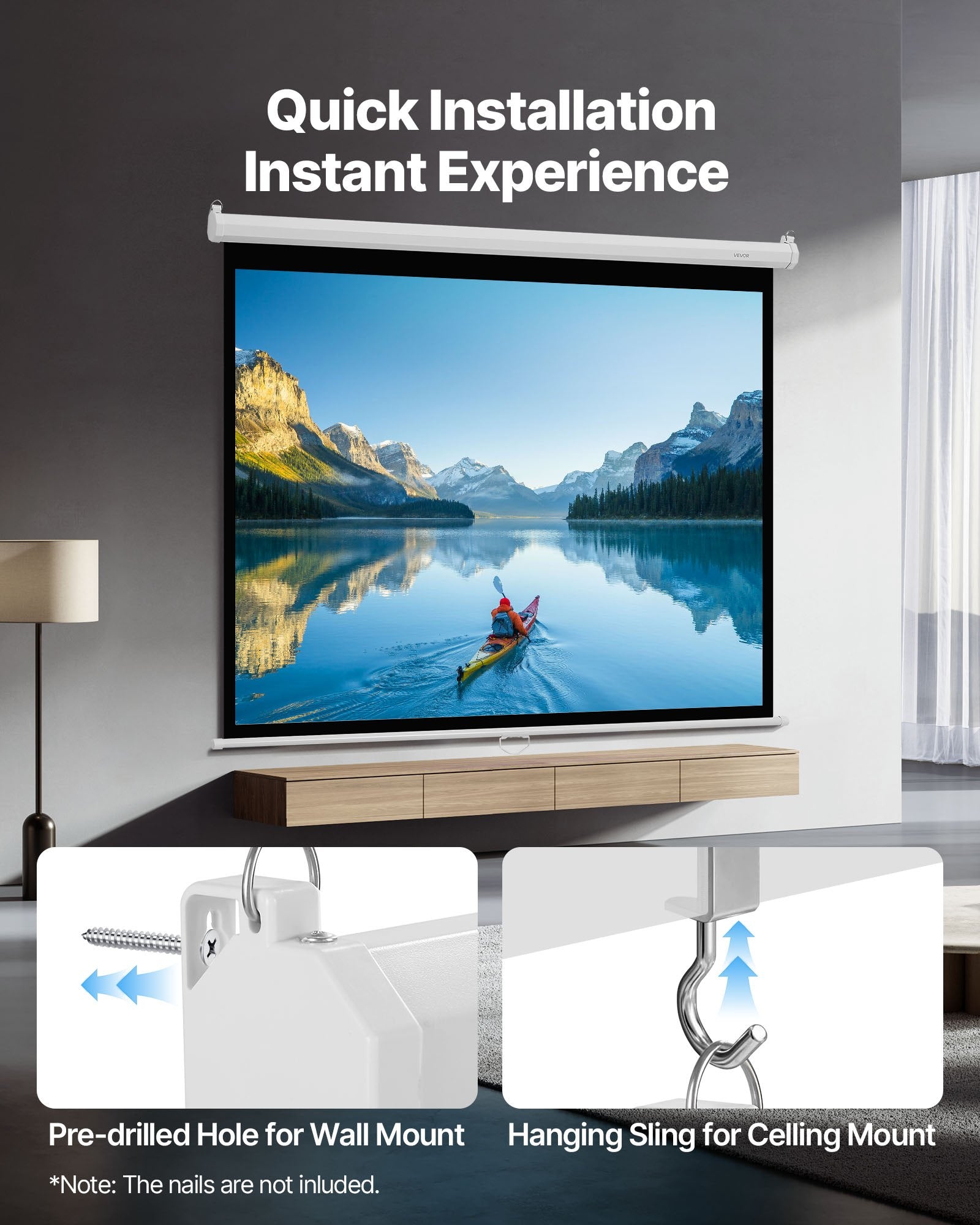 Manual Projector Screen, 1829 mm 4:3 4K 1080 HD Retractable Pull Down Projector Screen, Wall Mounted Movie Projection with Pull Rope, Portable Display Projectoin for Family Home Office Theater
