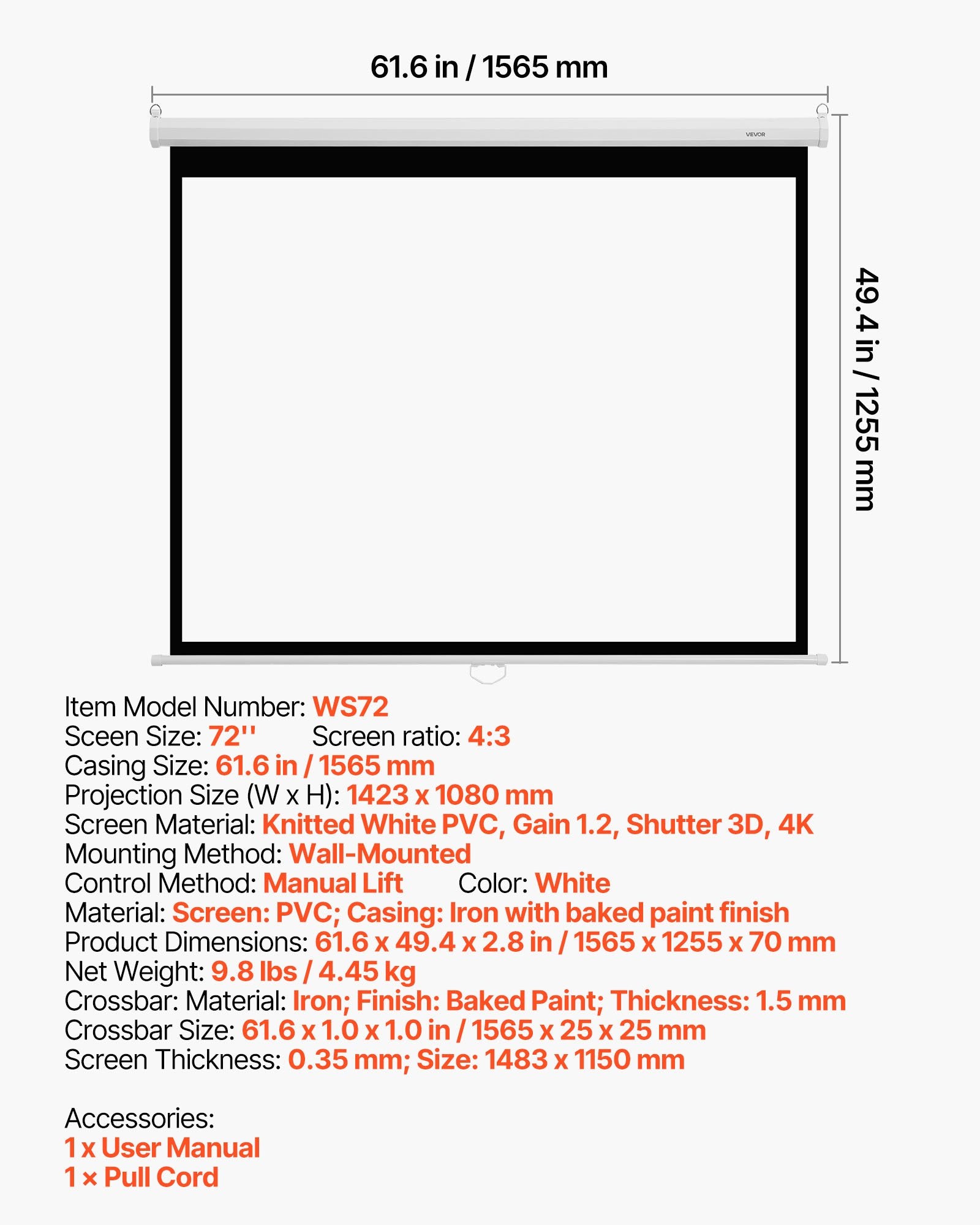 Manual Projector Screen, 1829 mm 4:3 4K 1080 HD Retractable Pull Down Projector Screen, Wall Mounted Movie Projection with Pull Rope, Portable Display Projectoin for Family Home Office Theater