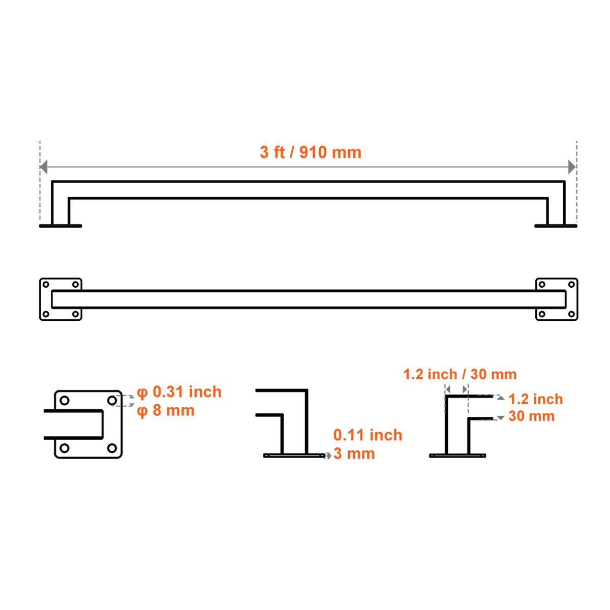 Wall Mounted Stair Handrail, 910mm Black Iron Staircase Handrail Indoor, 113kg Load Capacity, Industrial Railing Hand Rail for Steps,  Square Tube for Loft Porch Deck, 2 Sections