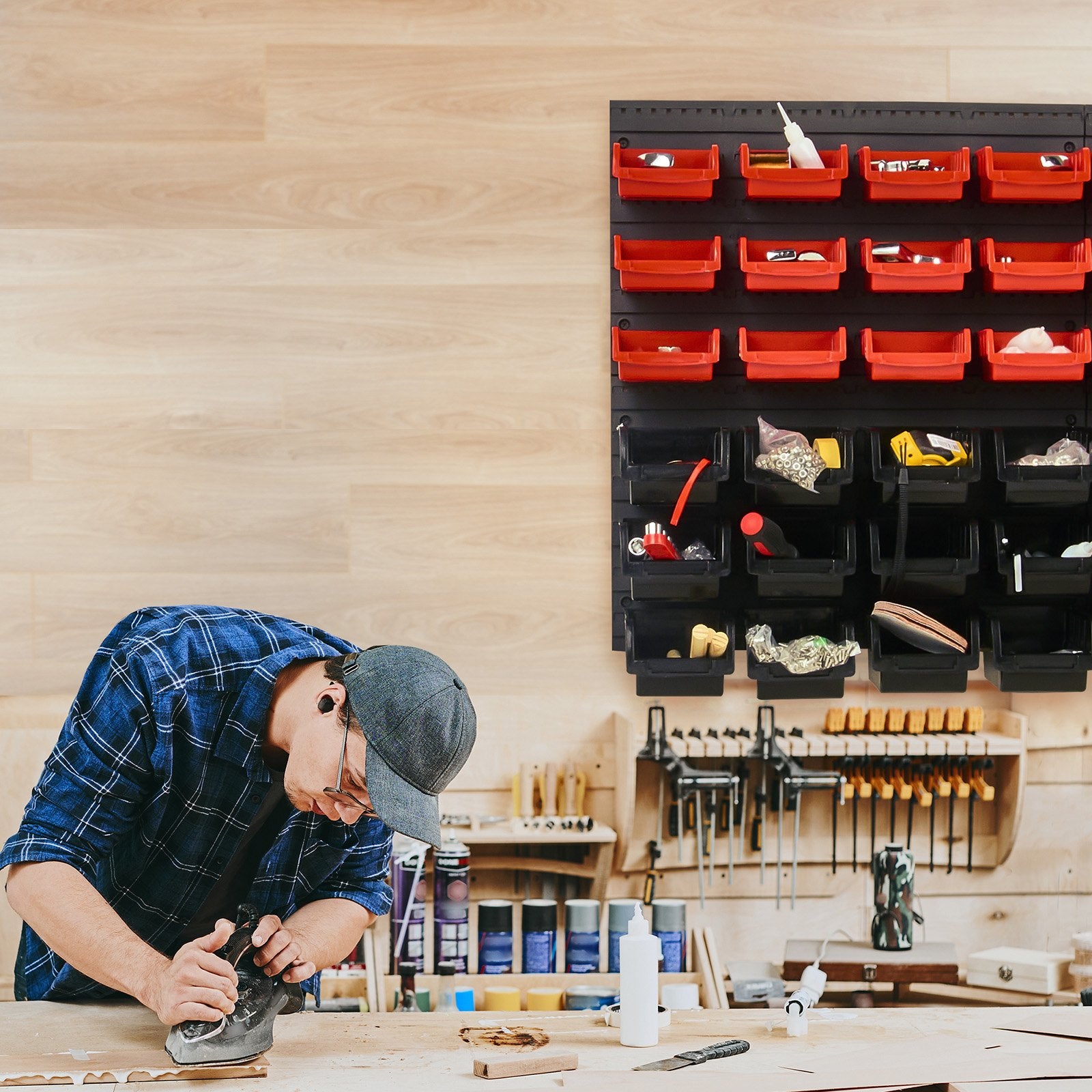 Basketball & Basketball Accessories: VEVOR Wall Mounted Storage Bins, 48-Bin Parts Rack Organizer Garage Plastic Shop Tool with Wall Panels, Tool Organizer for Nuts, Bolts, Screws, Nails, Beads, Buttons, Other Small Parts, Black and Red
