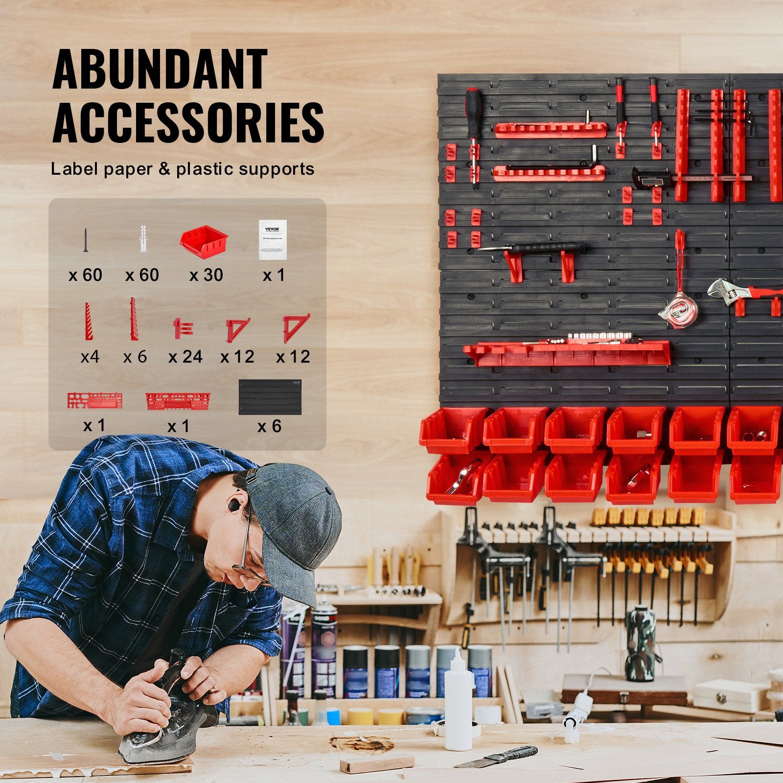 Makeup Organisation & Storage: VEVOR Wall Mounted Storage Bins, 30-Bin Parts Rack Organizer Garage Plastic Shop Tool with Wall Panels/Tool Holders/Hooks, Tool Organizer for Nuts, Bolts, Screws, Nails, Beads, Buttons, Black and Red