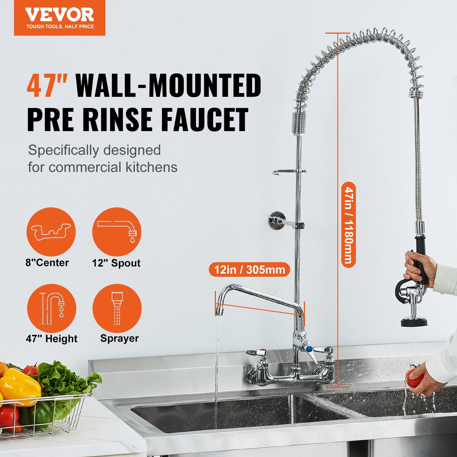 Kitchen & Bathroom DIY: VEVOR Commercial Faucet with Pre-Rinse Sprayer, 47" Height, 8" Center, 12" Swing Spout, Wall Mount Kitchen Sink Faucet, Brass Constructed Device with Pull Down Spray, for 1/2/3 Compartment Sink