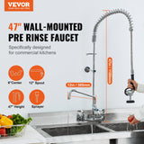 Kitchen & Bathroom DIY: VEVOR Commercial Faucet with Pre-Rinse Sprayer, 47" Height, 8" Center, 12" Swing Spout, Wall Mount Kitchen Sink Faucet, Brass Constructed Device with Pull Down Spray, for 1/2/3 Compartment Sink