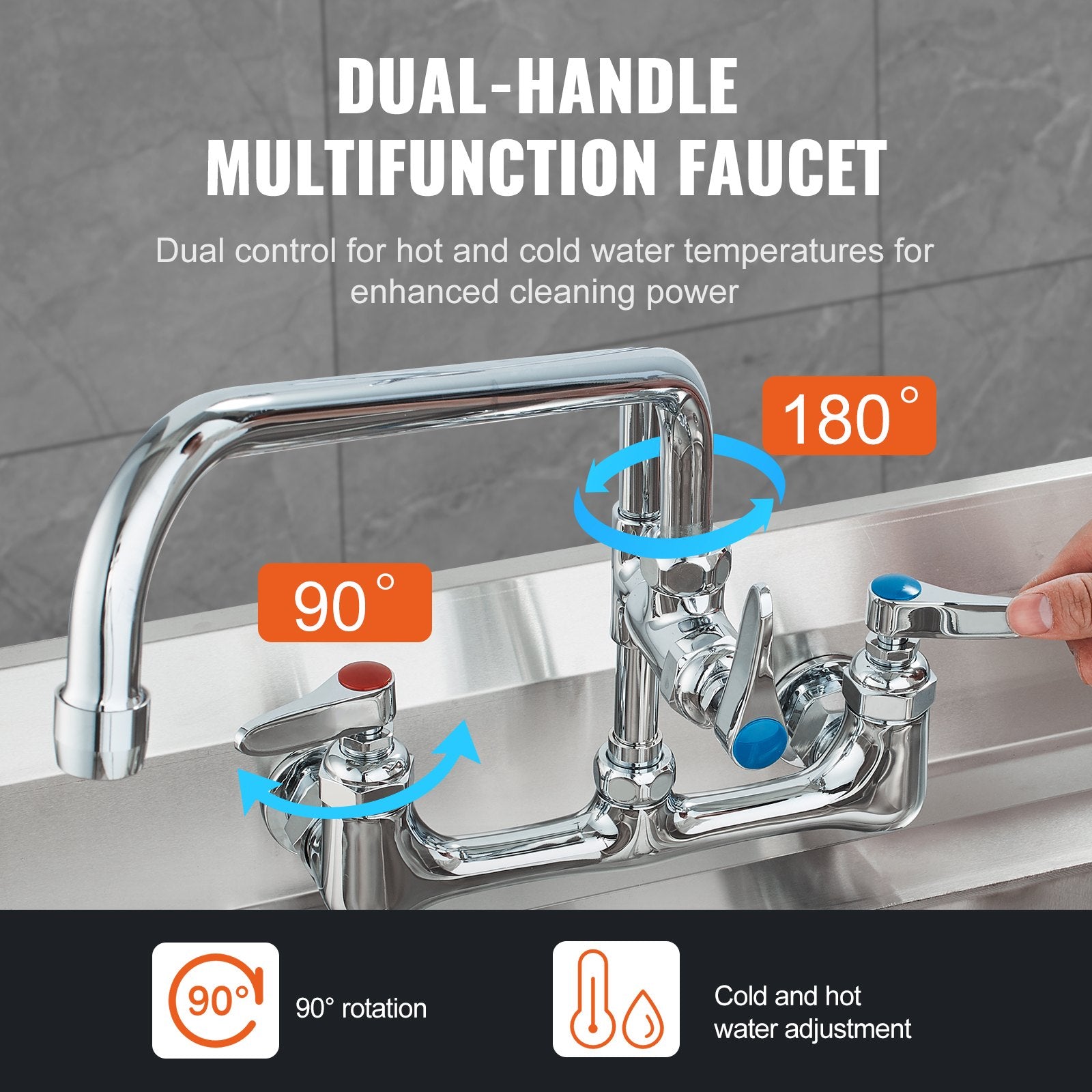 Kitchen & Bathroom DIY: VEVOR Commercial Faucet with Pre-Rinse Sprayer, 47" Height, 8" Center, 12" Swing Spout, Wall Mount Kitchen Sink Faucet, Brass Constructed Device with Pull Down Spray, for 1/2/3 Compartment Sink
