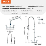 Kitchen & Bathroom DIY: VEVOR Commercial Faucet with Pre-Rinse Sprayer, 47" Height, 8" Center, 12" Swing Spout, Wall Mount Kitchen Sink Faucet, Brass Constructed Device with Pull Down Spray, for 1/2/3 Compartment Sink