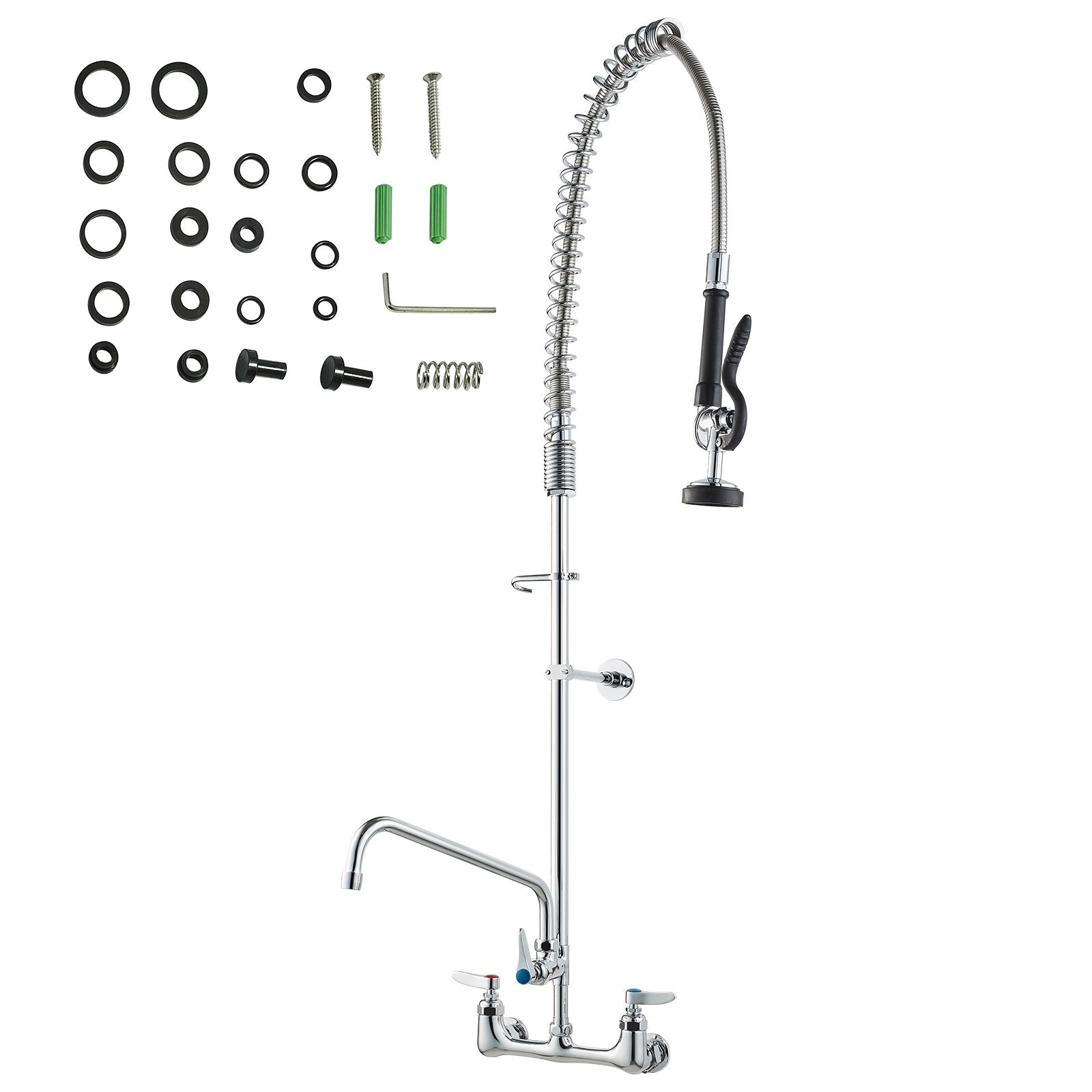 Kitchen & Bathroom DIY: VEVOR Commercial Faucet with Pre-Rinse Sprayer, 47" Height, 8" Center, 12" Swing Spout, Wall Mount Kitchen Sink Faucet, Brass Constructed Device with Pull Down Spray, for 1/2/3 Compartment Sink