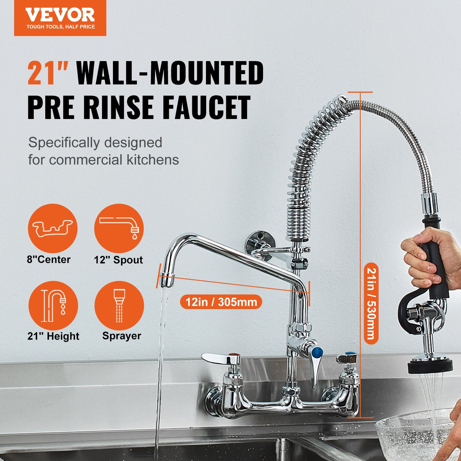 Kitchen & Bathroom DIY: VEVOR Commercial Faucet with Pre-Rinse Sprayer, 21" Height, 8" Center, 12" Swing Spout, Wall Mount Kitchen Sink Faucet, Brass Constructed Device with Pull Down Spray, for 1/2/3 Compartment Sink