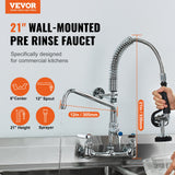 Kitchen & Bathroom DIY: VEVOR Commercial Faucet with Pre-Rinse Sprayer, 21" Height, 8" Center, 12" Swing Spout, Wall Mount Kitchen Sink Faucet, Brass Constructed Device with Pull Down Spray, for 1/2/3 Compartment Sink