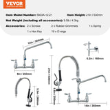Kitchen & Bathroom DIY: VEVOR Commercial Faucet with Pre-Rinse Sprayer, 21" Height, 8" Center, 12" Swing Spout, Wall Mount Kitchen Sink Faucet, Brass Constructed Device with Pull Down Spray, for 1/2/3 Compartment Sink