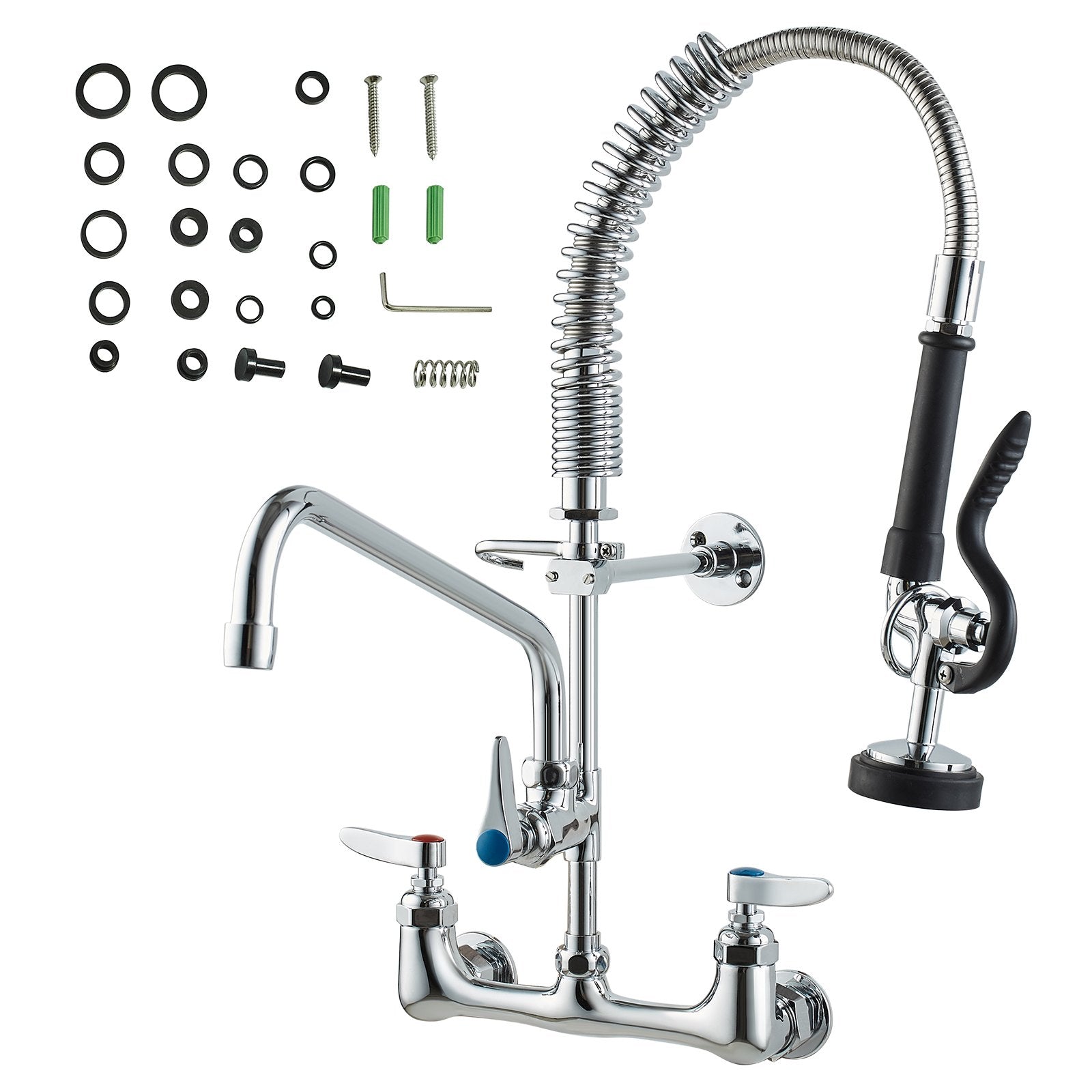 Kitchen & Bathroom DIY: VEVOR Commercial Faucet with Pre-Rinse Sprayer, 21" Height, 8" Center, 12" Swing Spout, Wall Mount Kitchen Sink Faucet, Brass Constructed Device with Pull Down Spray, for 1/2/3 Compartment Sink