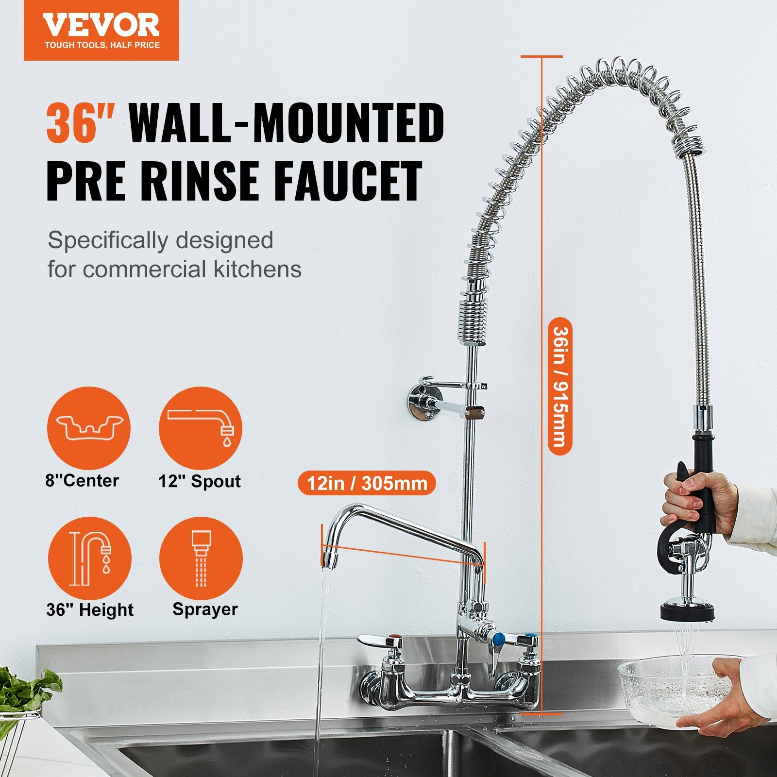 Audio Players & Recorders: VEVOR Commercial Faucet with Pre-Rinse Sprayer, 36" Height, 8" Center, 12" Swing Spout, Wall Mount Kitchen Sink Faucet, Brass Constructed Device with Pull Down Spray, for 1/2/3 Compartment Sink