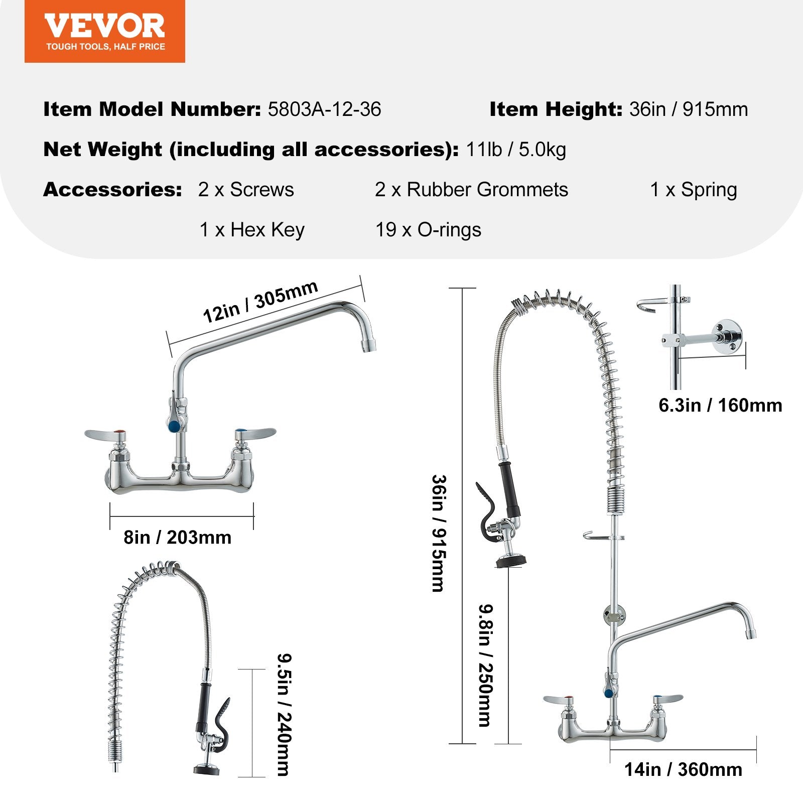 Audio Players & Recorders: VEVOR Commercial Faucet with Pre-Rinse Sprayer, 36" Height, 8" Center, 12" Swing Spout, Wall Mount Kitchen Sink Faucet, Brass Constructed Device with Pull Down Spray, for 1/2/3 Compartment Sink