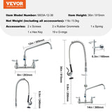 Audio Players & Recorders: VEVOR Commercial Faucet with Pre-Rinse Sprayer, 36" Height, 8" Center, 12" Swing Spout, Wall Mount Kitchen Sink Faucet, Brass Constructed Device with Pull Down Spray, for 1/2/3 Compartment Sink