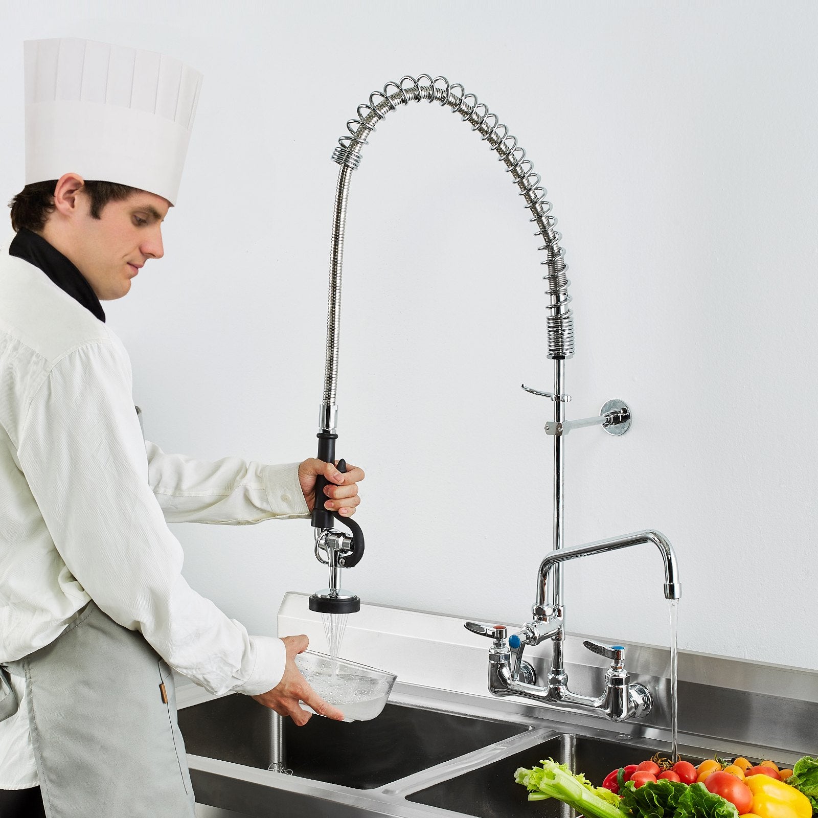 Audio Players & Recorders: VEVOR Commercial Faucet with Pre-Rinse Sprayer, 36" Height, 8" Center, 12" Swing Spout, Wall Mount Kitchen Sink Faucet, Brass Constructed Device with Pull Down Spray, for 1/2/3 Compartment Sink