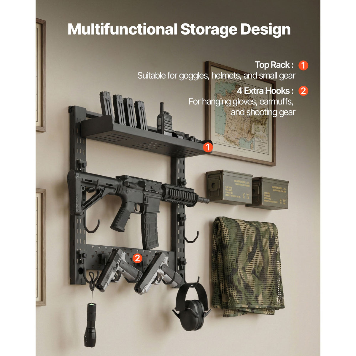 Gun Rack Wall Mount, Heavy Duty Steel, Indoor Rifle Shotgun Rack with J-Hooks, Additional Tray Storage, Gun Accessories Display Storage Holder, Hold Up to 3 Rifles or Shotguns, for Tactical Gear