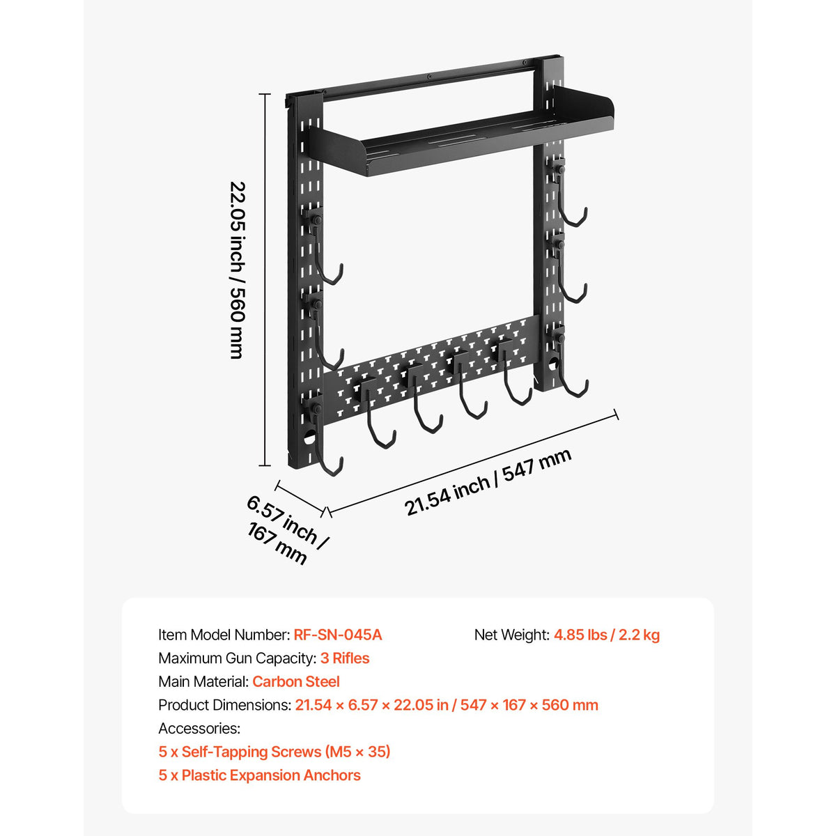 Gun Rack Wall Mount, Heavy Duty Steel, Indoor Rifle Shotgun Rack with J-Hooks, Additional Tray Storage, Gun Accessories Display Storage Holder, Hold Up to 3 Rifles or Shotguns, for Tactical Gear