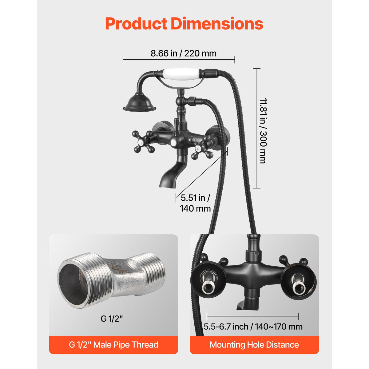 Clawfoot Tub Faucet, Wall Mount Bathtub Faucets with Handheld Shower, Vintage Oil-Rubbed Bronze Clawfoot Tub Filler Faucet Shower Kit with Adjustable Swing Arms & 360° Rotation Spout for Bathtubs