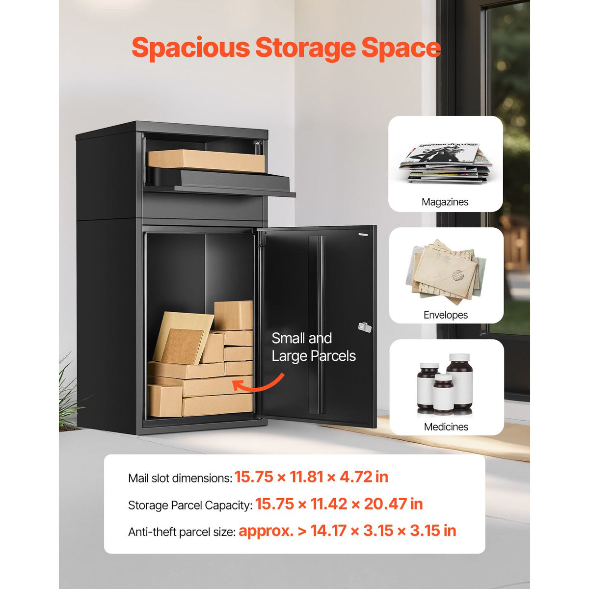 Package Delivery Boxes for Outside, 90.9 cm Mailbox for Parcel with Lock, Galvanized Steel Package Drop Box with Anti-Theft Design, Weather-Resistant Package Mailbox for Home and Office, Black