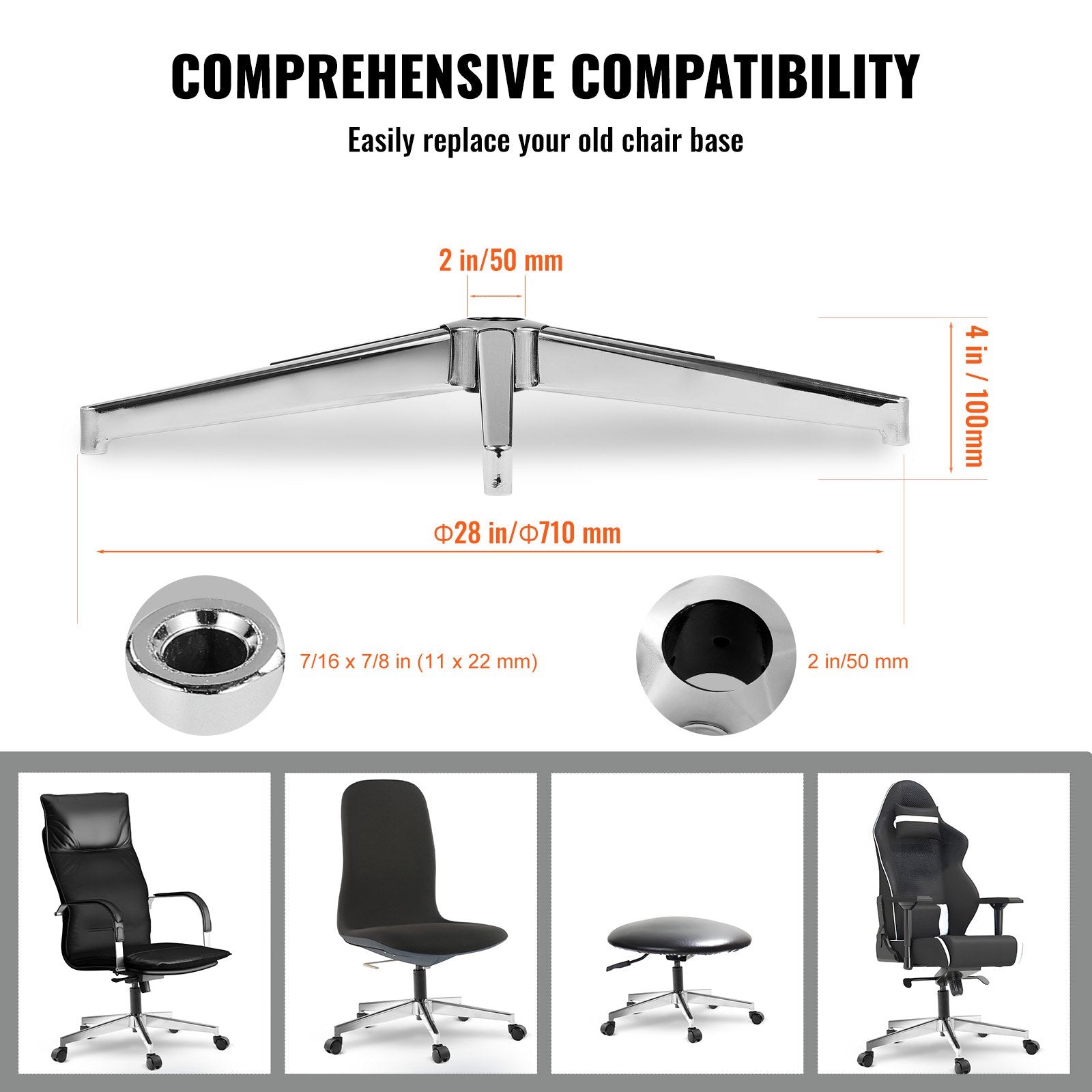 Office & Desk Chairs: VEVOR Office Chair Base Replacement, 710 mm 1134 kg Static Load Capacity, Heavy Duty Universal Computer Desk Chair Stool Base Part with Reinforced Metal Legs, Desk Chair Base Replacement Parts, Silver