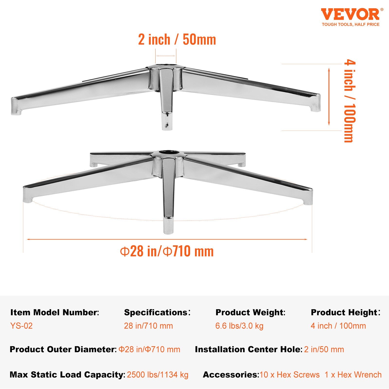 Office & Desk Chairs: VEVOR Office Chair Base Replacement, 710 mm 1134 kg Static Load Capacity, Heavy Duty Universal Computer Desk Chair Stool Base Part with Reinforced Metal Legs, Desk Chair Base Replacement Parts, Silver
