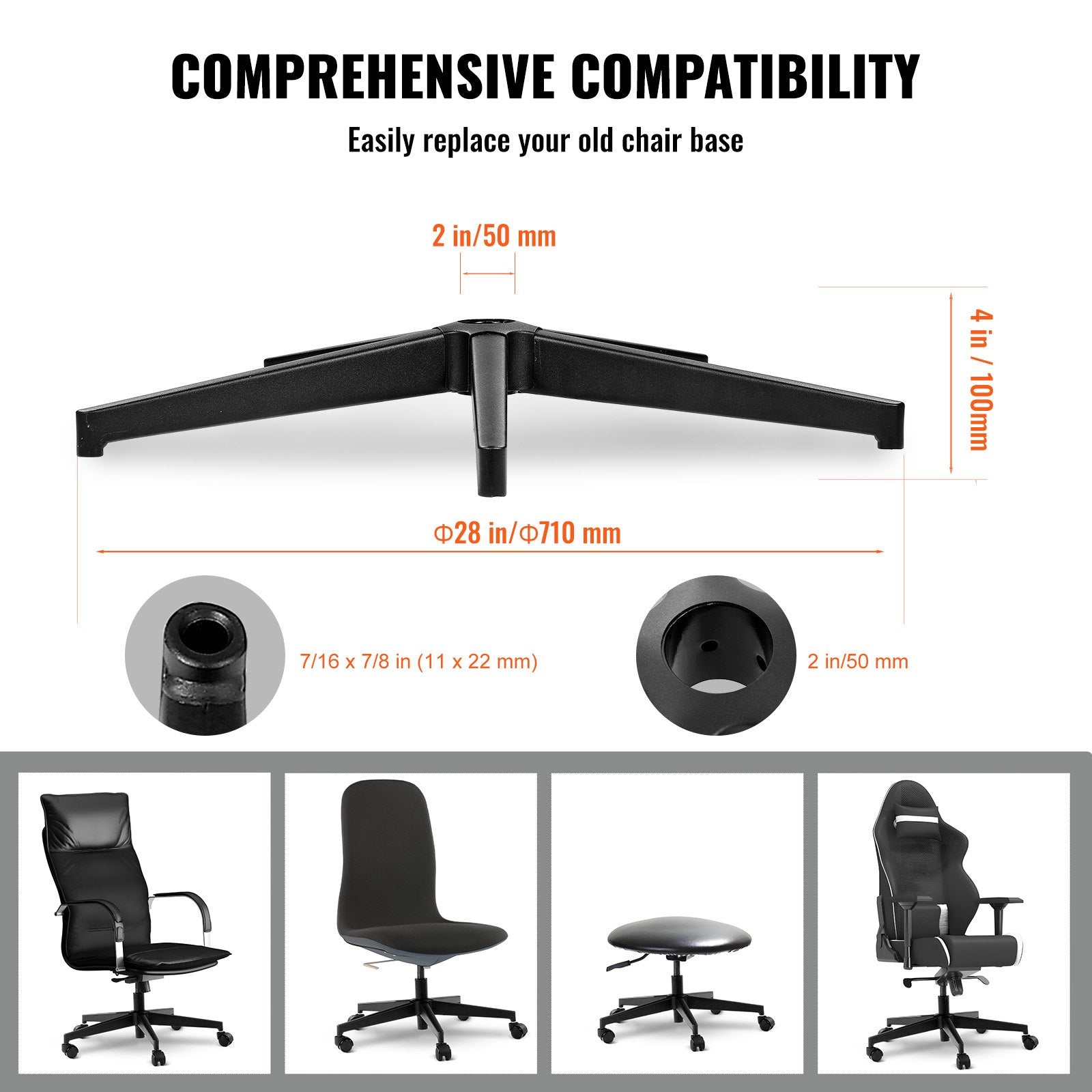 Office & Desk Chairs: VEVOR Office Chair Base Replacement, 710 mm, 1134 kg Static Load Capacity, Heavy Duty Universal Computer Desk Chair Stool Base Part with Reinforced Metal Legs, Desk Chair Base Replacement Parts, Black