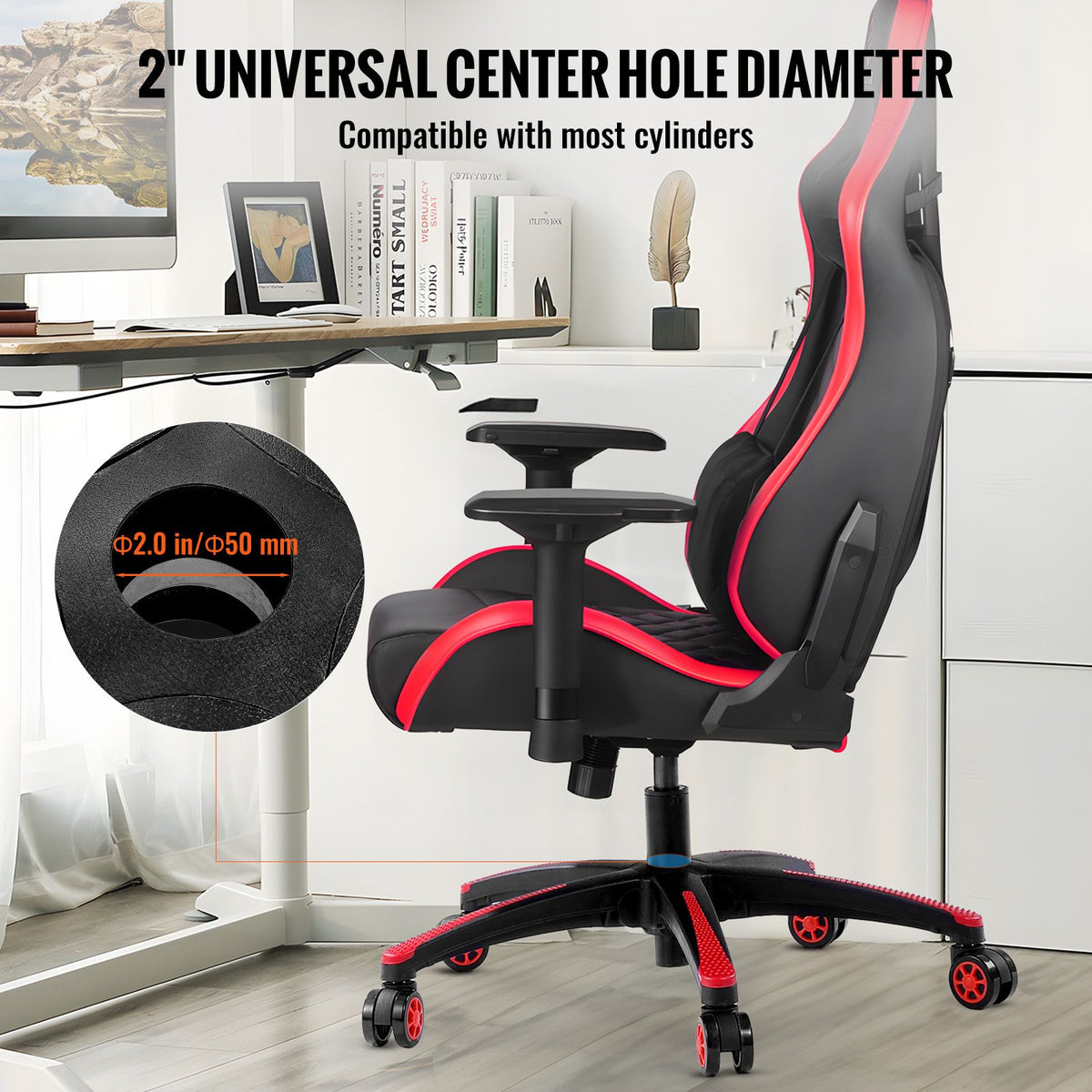 Office Chair Base Replacement, 710 mm, 1134 kg Static Load, Heavy Duty Universal Computer Desk Chair Stool Base Part with 5 Casters and Reinforced Legs, Desk Chair Base Replacement, Black + Red