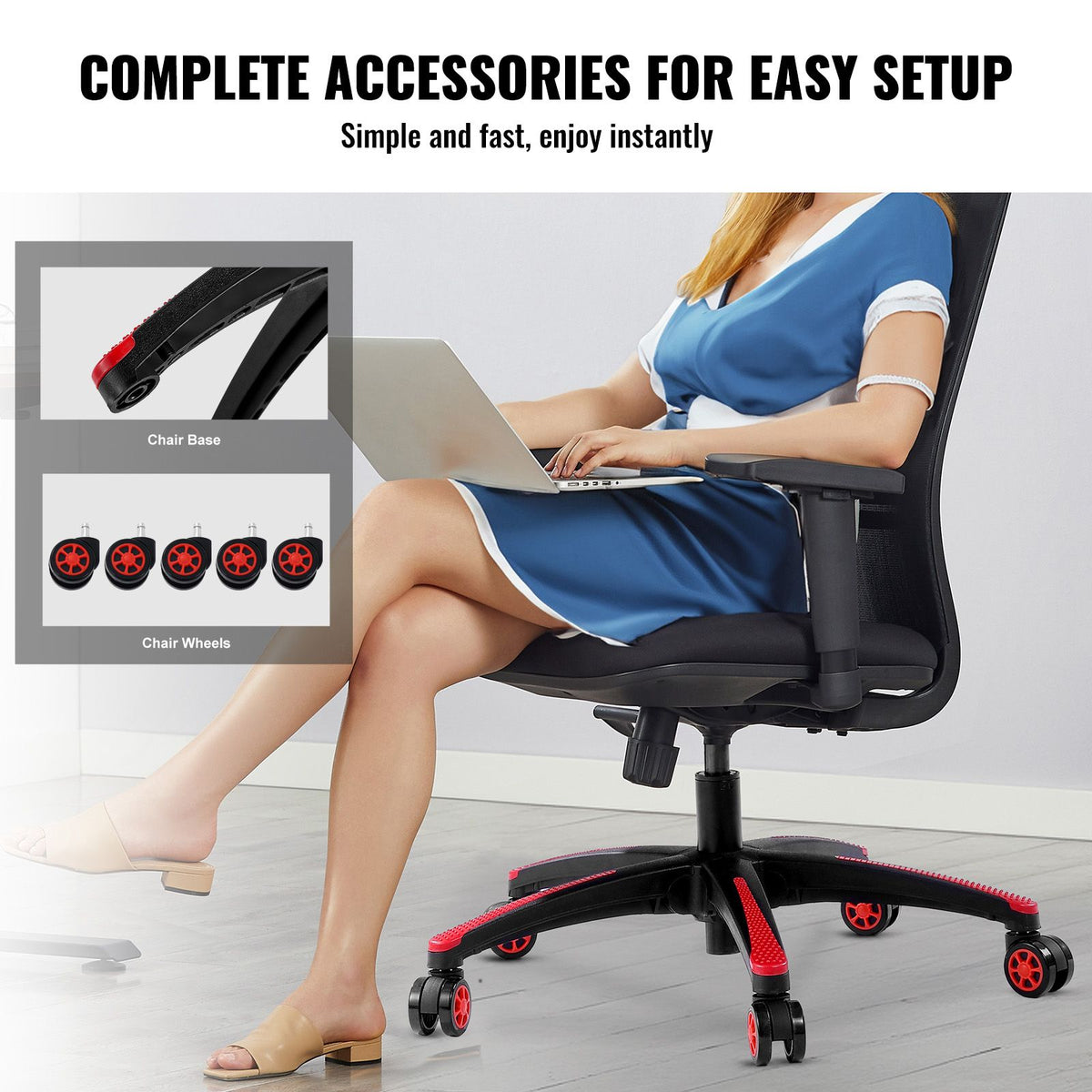 Office Chair Base Replacement, 710 mm, 1134 kg Static Load, Heavy Duty Universal Computer Desk Chair Stool Base Part with 5 Casters and Reinforced Legs, Desk Chair Base Replacement, Black + Red