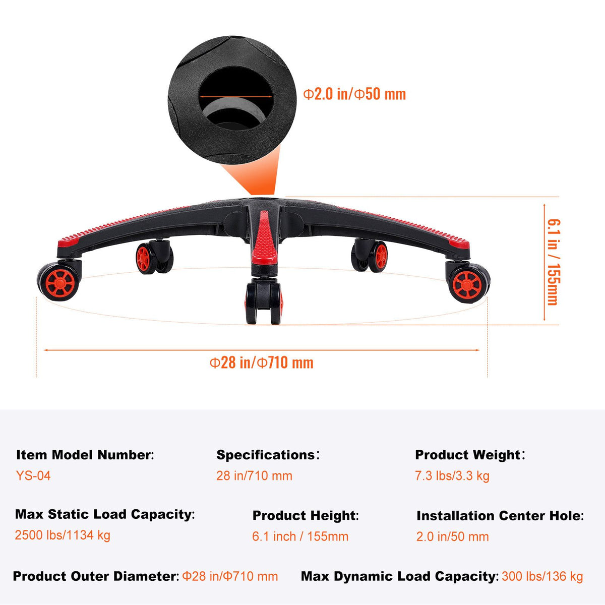 Office Chair Base Replacement, 710 mm, 1134 kg Static Load, Heavy Duty Universal Computer Desk Chair Stool Base Part with 5 Casters and Reinforced Legs, Desk Chair Base Replacement, Black + Red