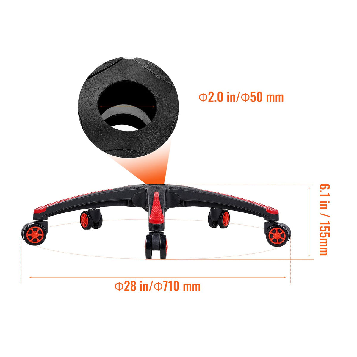 Office Chair Base Replacement, 710 mm, 1134 kg Static Load, Heavy Duty Universal Computer Desk Chair Stool Base Part with 5 Casters and Reinforced Legs, Desk Chair Base Replacement, Black + Red