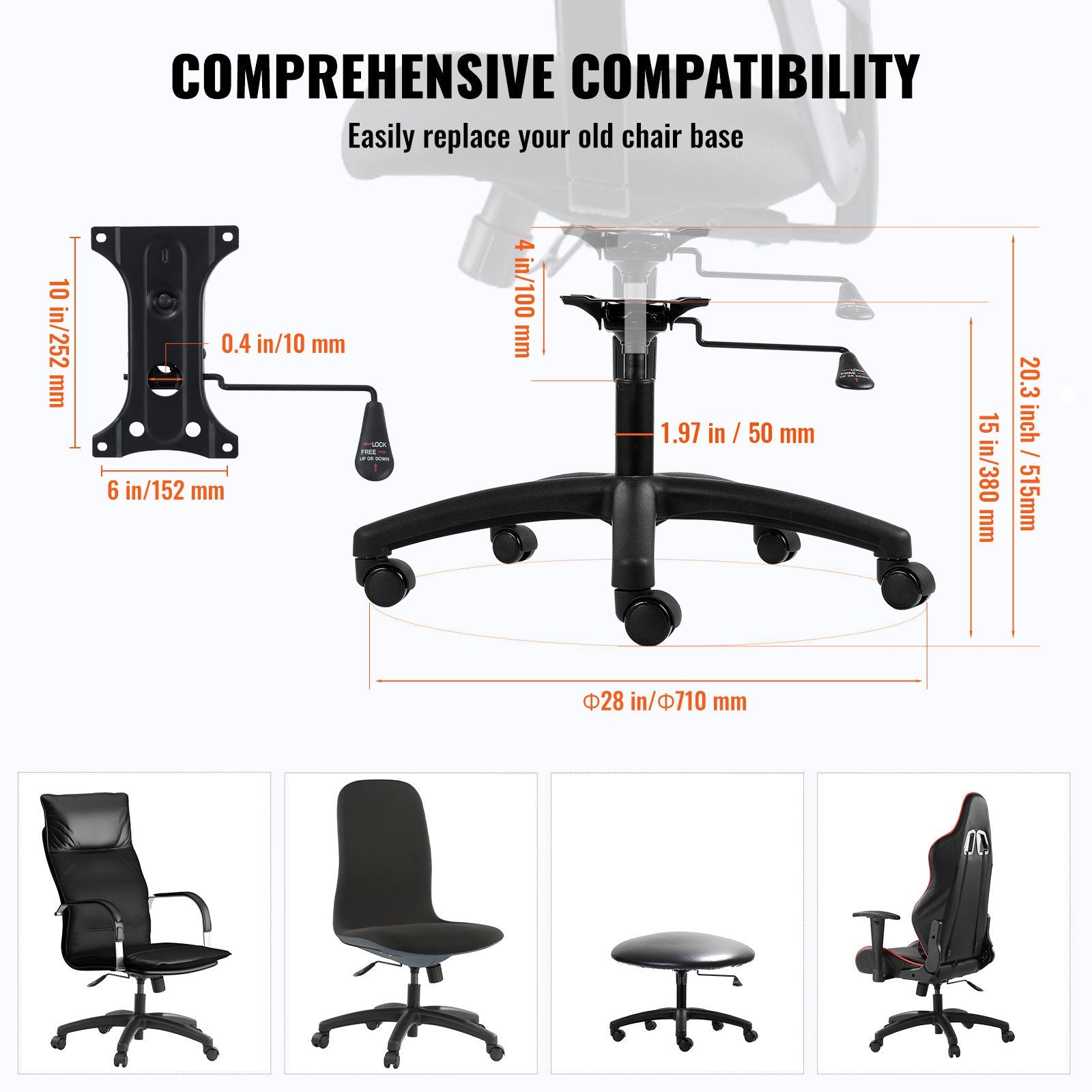 Automotive Parts: VEVOR Office Chair Base Replacement 710mm Swivel Chair Base 1134kg 100mm Stroke