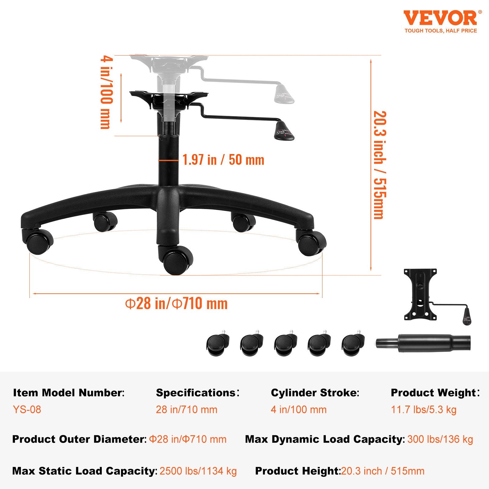 Automotive Parts: VEVOR Office Chair Base Replacement 710mm Swivel Chair Base 1134kg 100mm Stroke