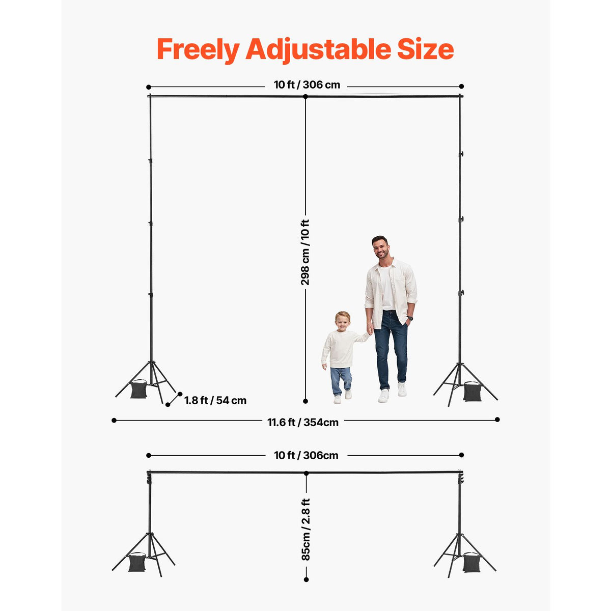 Backdrop Stand, 298 x 300 cm Adjustable Photo Backdrop Stand Kit, Portable Background Backdrop Stand with 4 Crossbars, Heavy Duty Projector Screen Stand, for Wedding, Photo Video Studio & Party