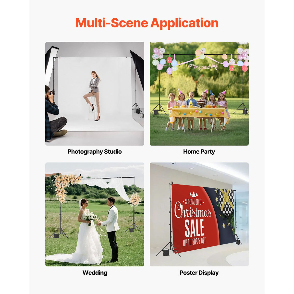 Backdrop Stand, 298 x 300 cm Adjustable Photo Backdrop Stand Kit, Portable Background Backdrop Stand with 4 Crossbars, Heavy Duty Projector Screen Stand, for Wedding, Photo Video Studio & Party