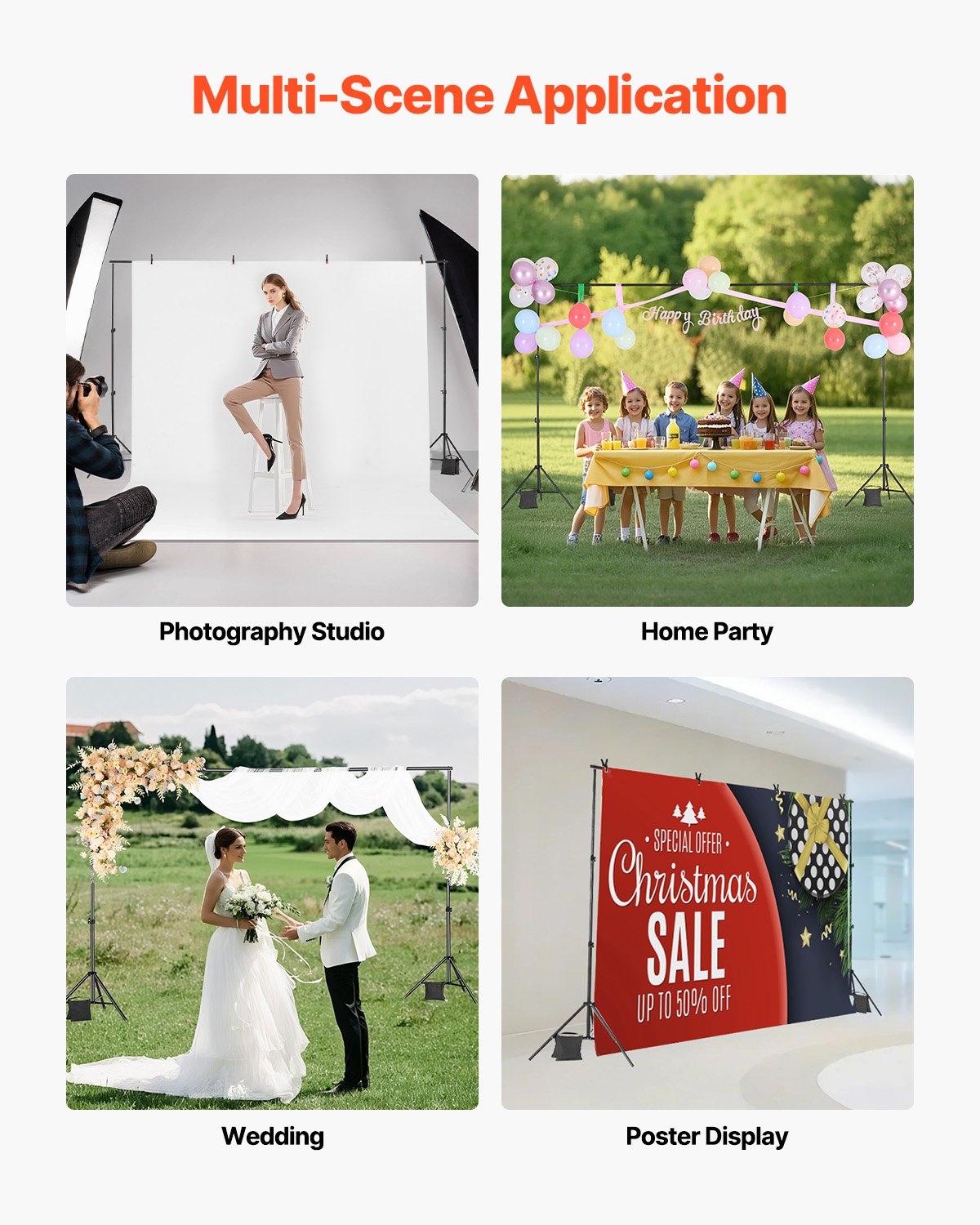 Camera Accessories: VEVOR Backdrop Stand, 198 x 300 cm Adjustable Photo Backdrop Stand Kit, Portable Background Backdrop Stand with 5 Crossbars, Heavy Duty Projector Screen Stand, for Wedding, Photo Video Studio & Party