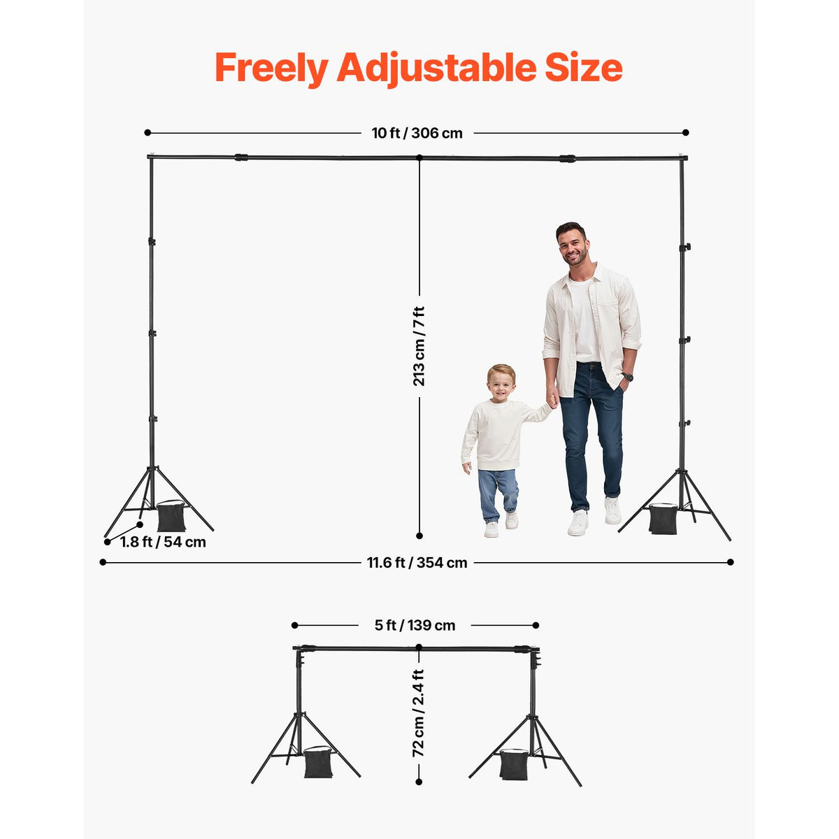 Backdrop Stand, 213 x 300 cm Adjustable Photo Backdrop Stand Kit, Portable Background Backdrop Stand with 3 Crossbars, Heavy Duty Projector Screen Stand, for Wedding, Photo Video Studio & Party