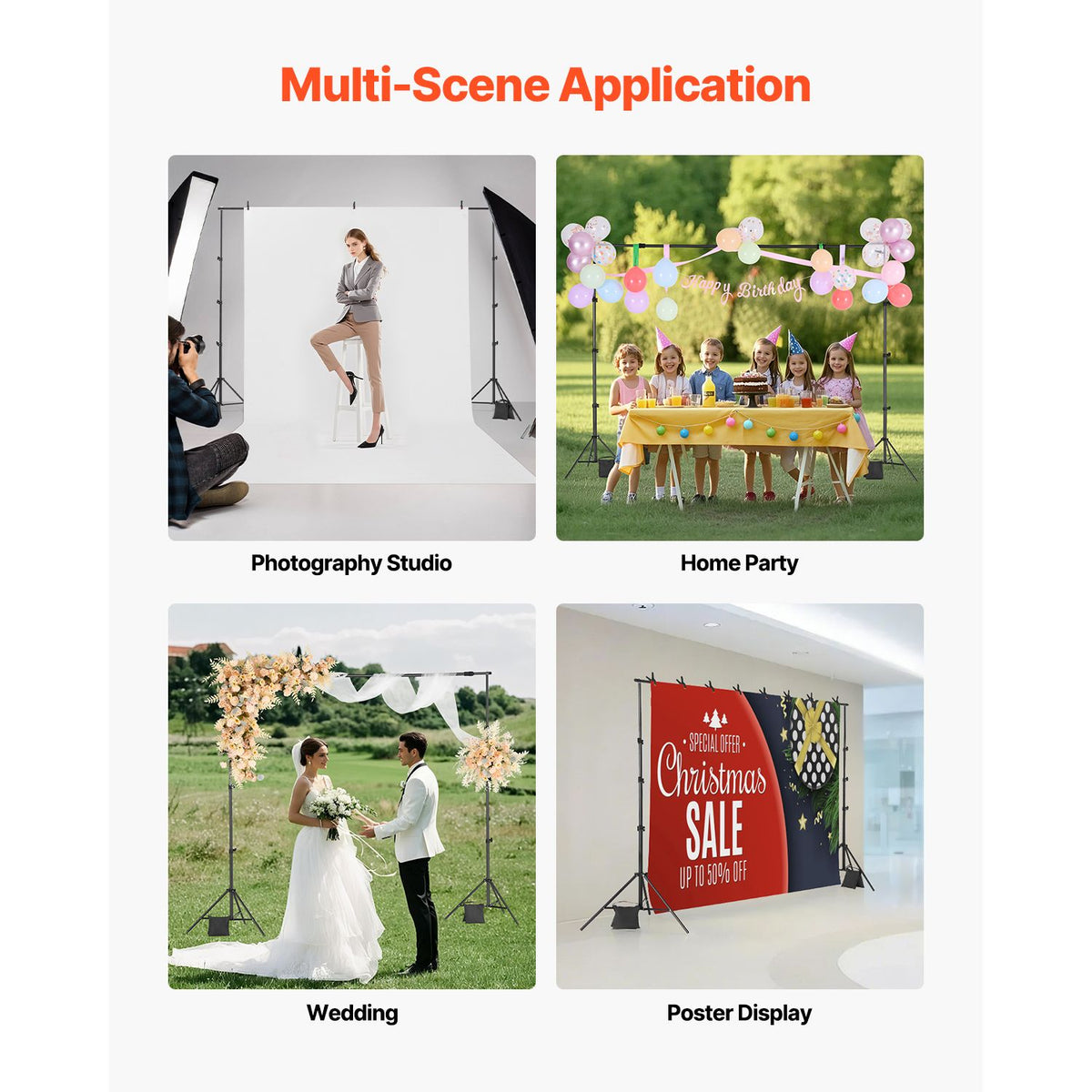 Backdrop Stand, 213 x 300 cm Adjustable Photo Backdrop Stand Kit, Portable Background Backdrop Stand with 3 Crossbars, Heavy Duty Projector Screen Stand, for Wedding, Photo Video Studio & Party