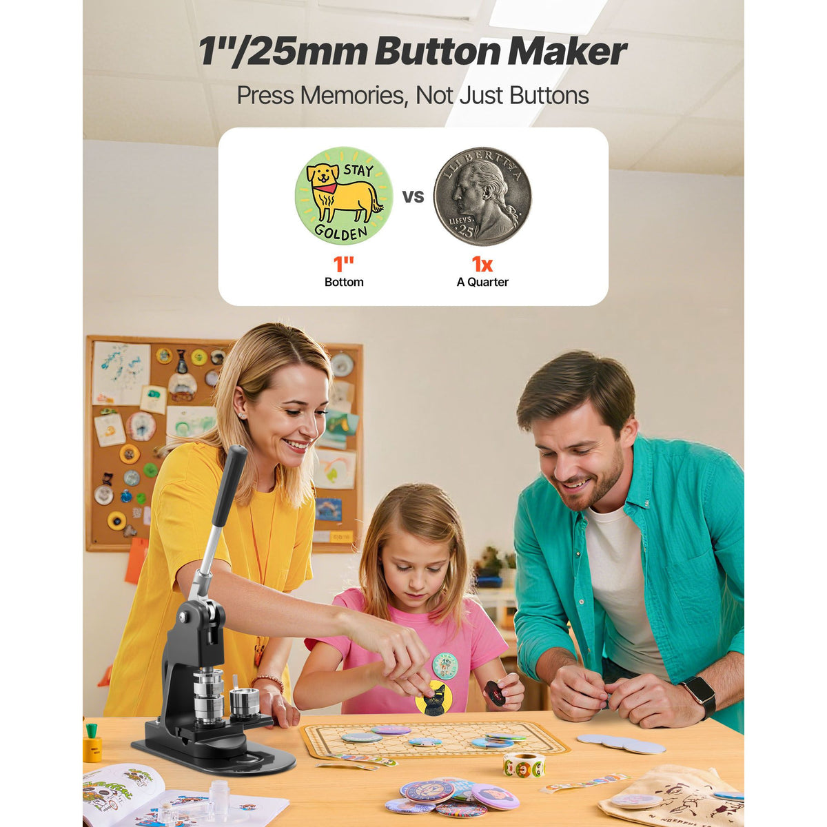 Button Maker Machine, 25 mm, Pin Maker Machine with 500pcs Button Parts, Circle Cutter, Hex Wrenches and Magic Book, Ergonomic Handle, for DIY Badges, Personalized Pins and Key Chains, Black