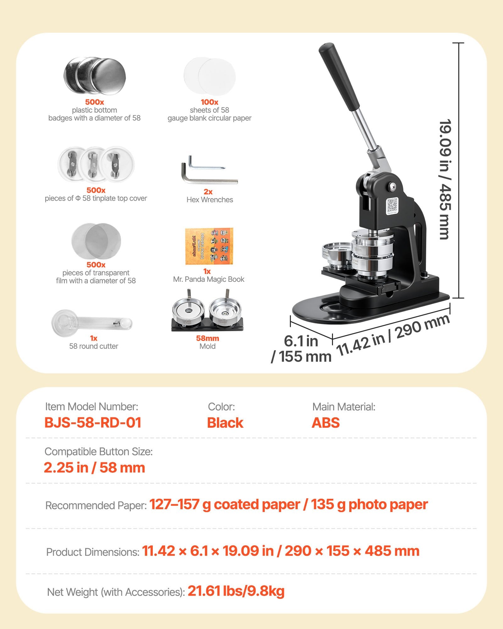 Fishing Tackle: VEVOR Button Maker Machine, 58 mm, Pin Maker Machine with 500pcs Button Parts, Circle Cutter, Hex Wrenches and Magic Book, Ergonomic Handle, for DIY Badges, Personalized Pins and Key Chains, Black