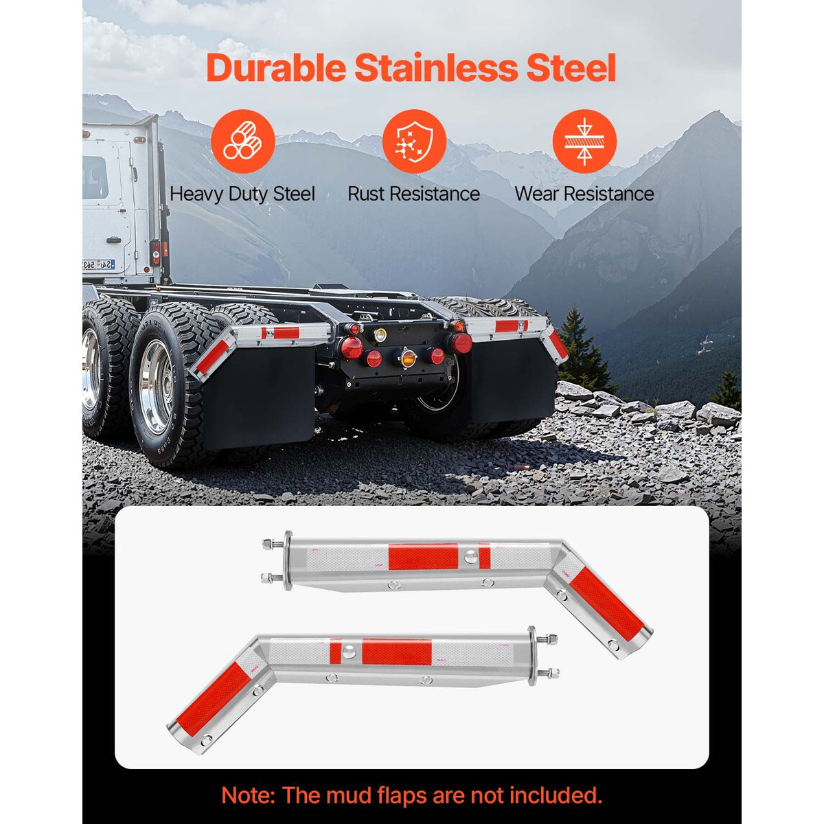 Stainless Steel Angled Spring Loaded Mud Flap Hangers, 2-1/2" (63.5mm) Bolt Spacing Mudflap Hangers for Semi Trucks, 1 Pair Heavy Duty Semi Truck Mud Flap Hanger Set with Reflective Strips, Silver