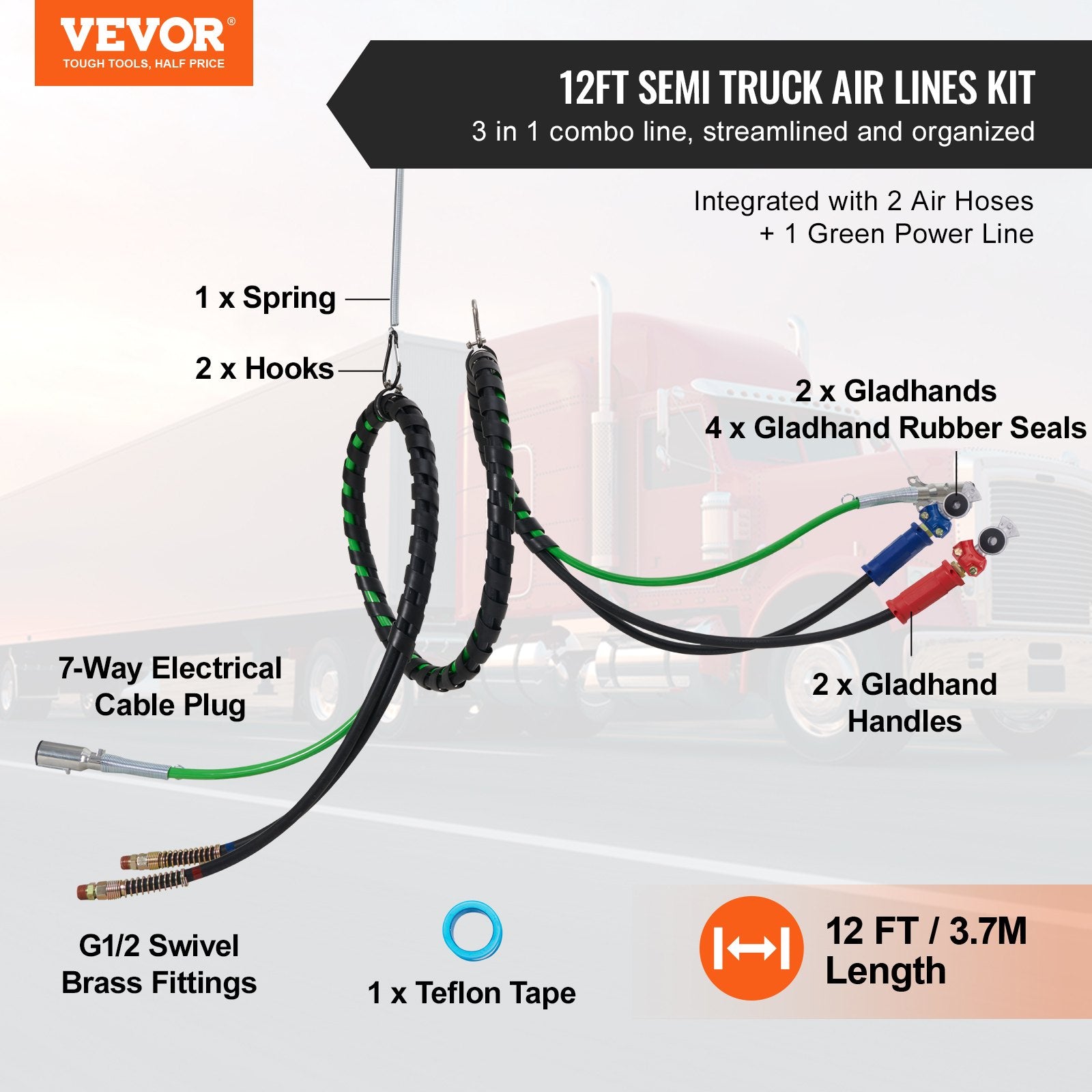 Automotive Repair & Speciality Tools: VEVOR 12FT Semi Truck Air Lines Kit with 2PCS Glad Hands, 3-in-1 Air Hoses & 7 Way ABS Electric Power Line, with 2PCS Gladhand Handles, 4PCS Seals and Tender Spring Kit for Semi Truck Trailer Tractor