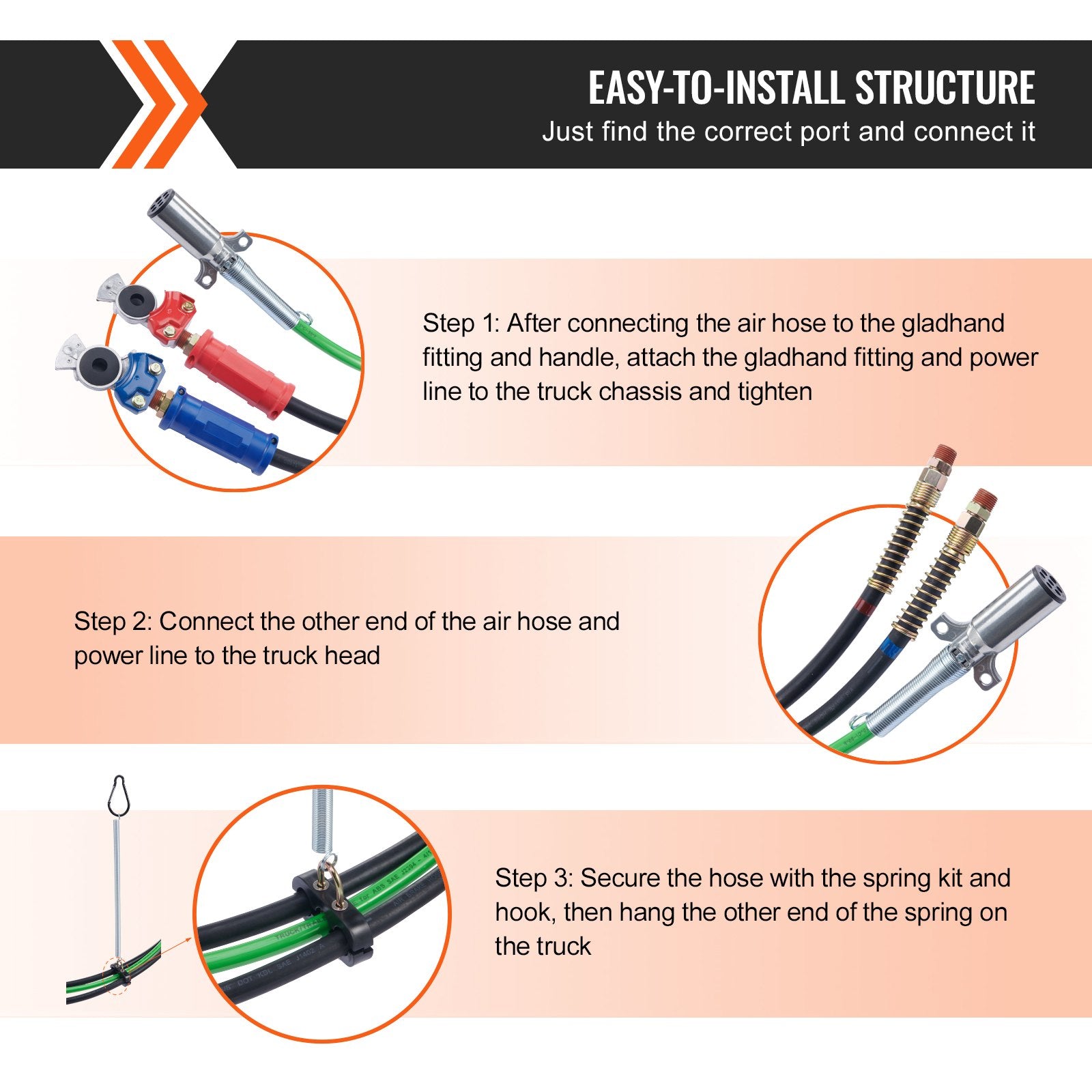 Automotive Repair & Speciality Tools: VEVOR 12FT Semi Truck Air Lines Kit with 2PCS Glad Hands, 3-in-1 Air Hoses & 7 Way ABS Electric Power Line, with 2PCS Gladhand Handles, 4PCS Seals and Tender Spring Kit for Semi Truck Trailer Tractor