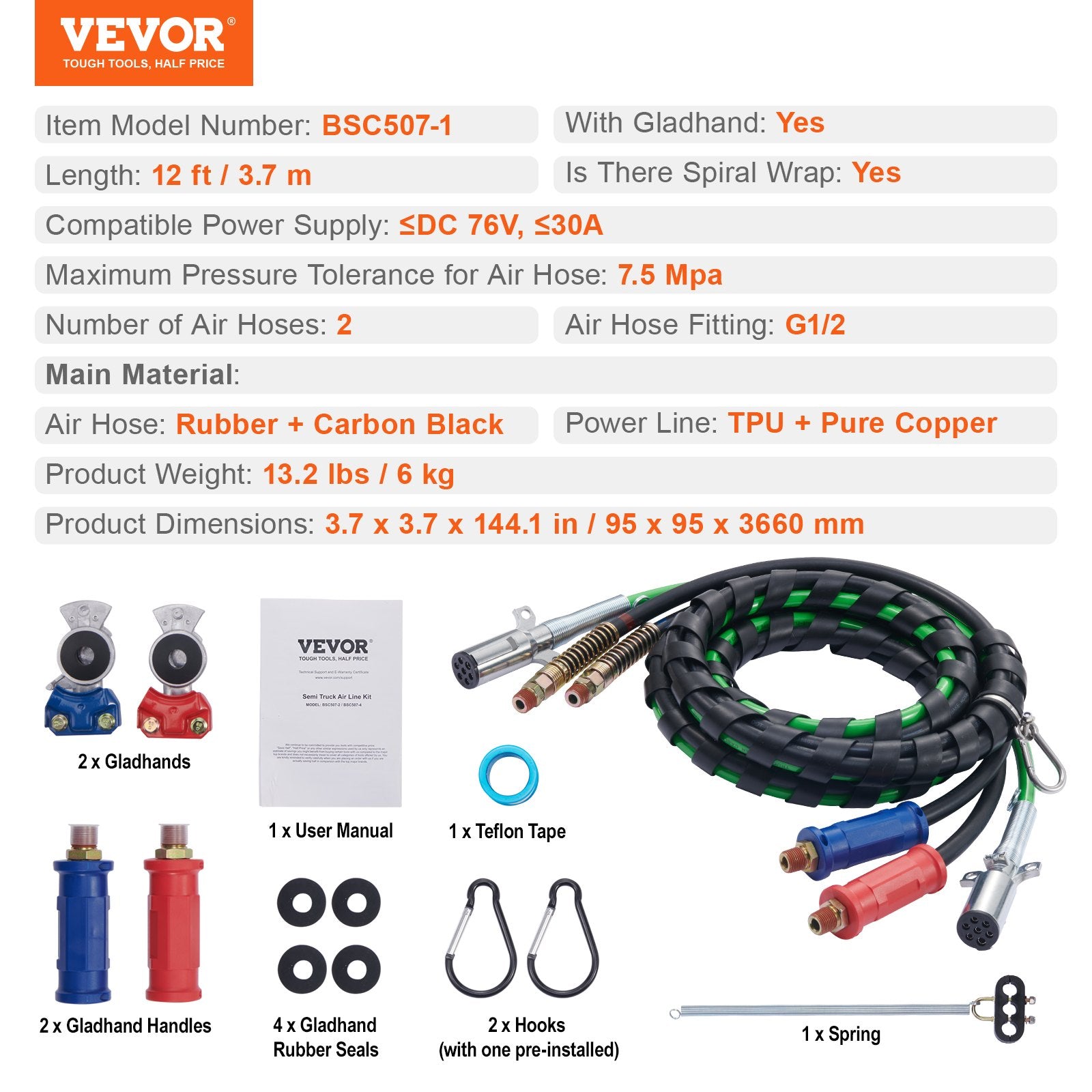 Automotive Repair & Speciality Tools: VEVOR 12FT Semi Truck Air Lines Kit with 2PCS Glad Hands, 3-in-1 Air Hoses & 7 Way ABS Electric Power Line, with 2PCS Gladhand Handles, 4PCS Seals and Tender Spring Kit for Semi Truck Trailer Tractor