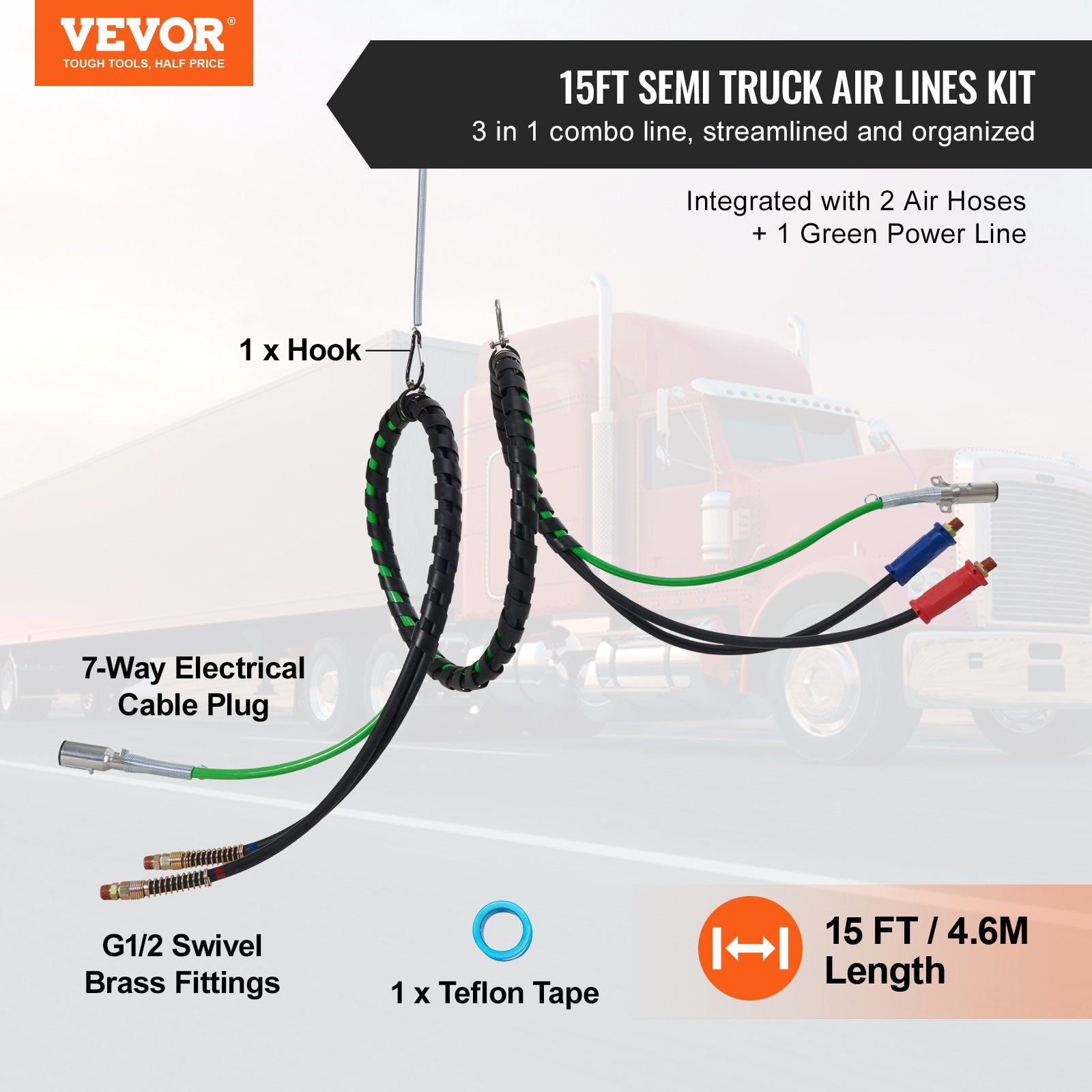 15FT Semi Truck Air Lines Kit, 3-in-1 Air Hoses & ABS Power Line for Semi Truck Trailer Tractor, 7-Way Plug Electrical Cord Cable and Rubber Air Lines Hose Assembly Kit with Hook & Teflon Tape