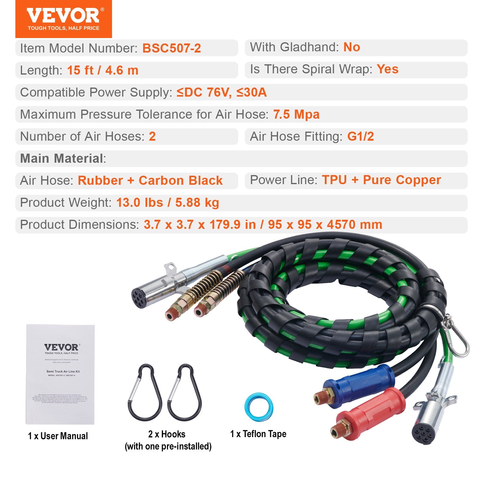 15FT Semi Truck Air Lines Kit, 3-in-1 Air Hoses & ABS Power Line for Semi Truck Trailer Tractor, 7-Way Plug Electrical Cord Cable and Rubber Air Lines Hose Assembly Kit with Hook & Teflon Tape